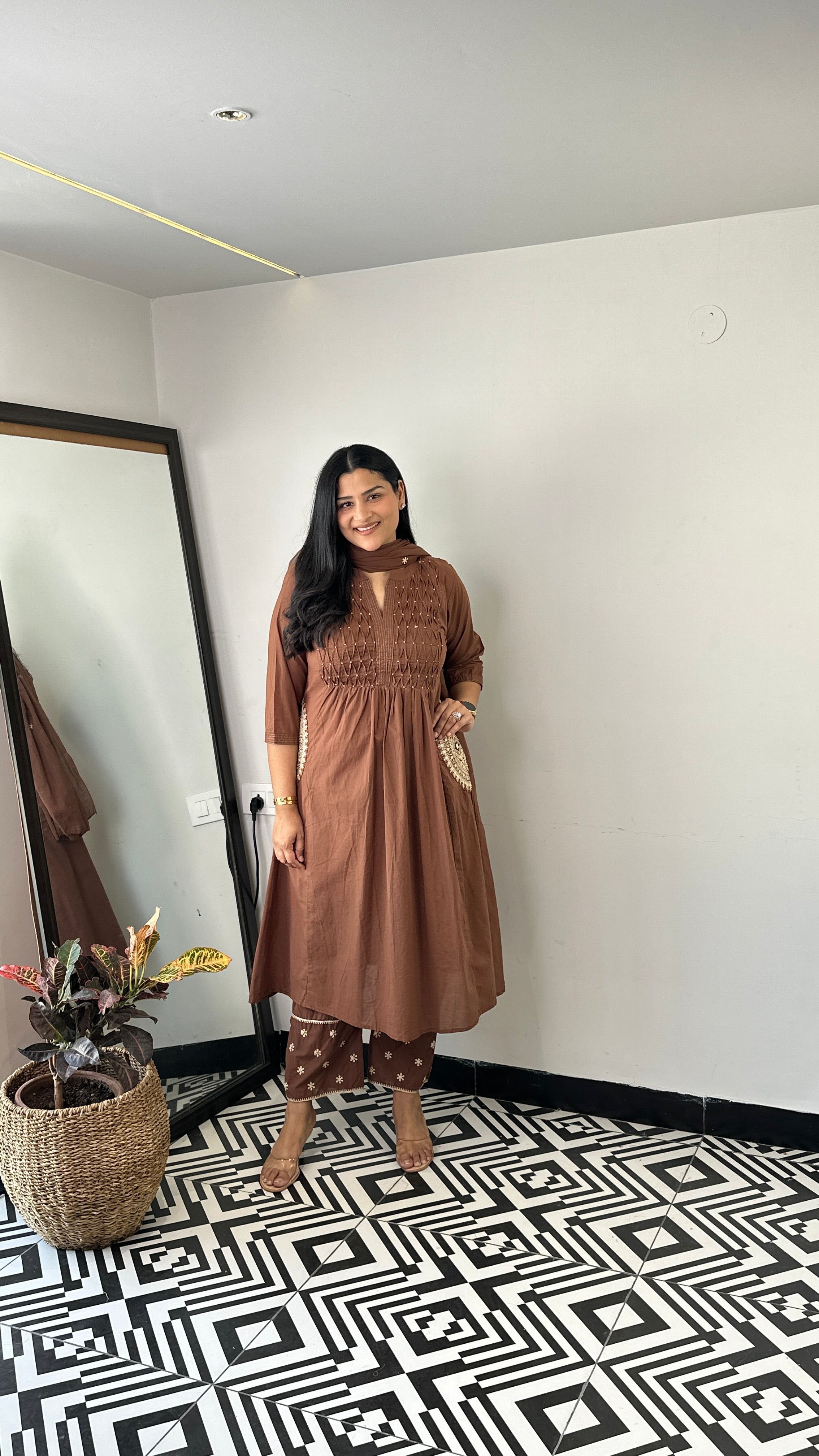 Pintex Brown A-Line Suit Set shrisa.in