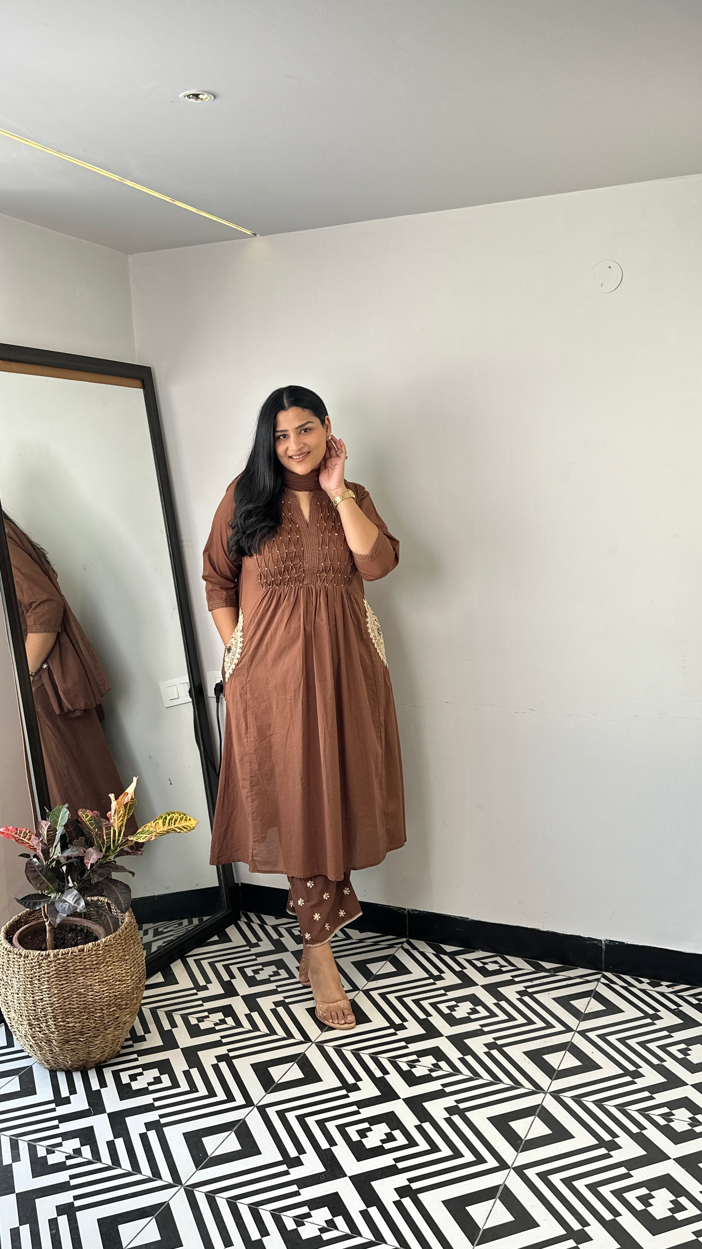 Pintex Brown A-Line Suit Set shrisa.in