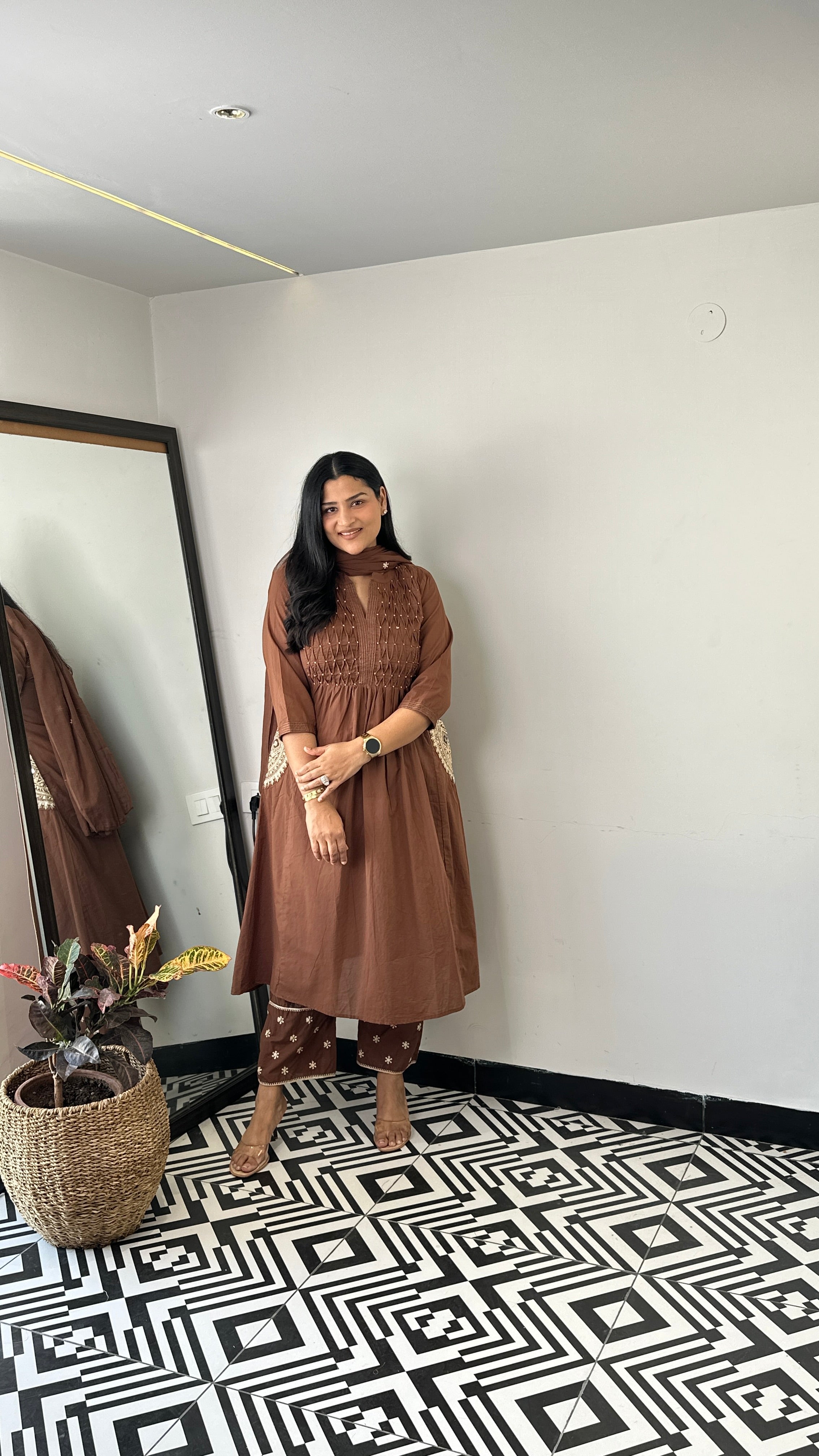 Pintex Brown A-Line Suit Set shrisa.in