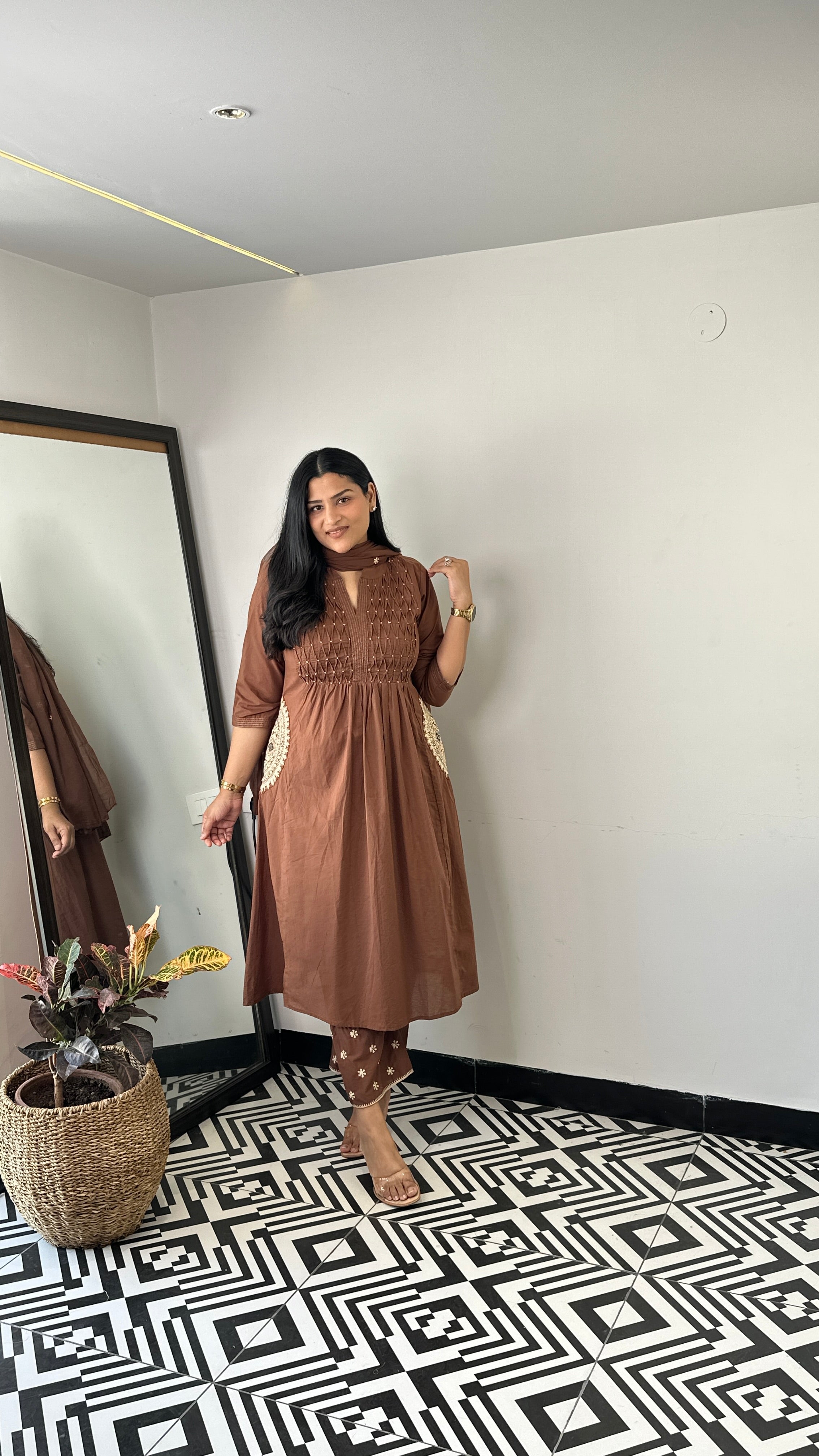 Pintex Brown A-Line Suit Set shrisa.in