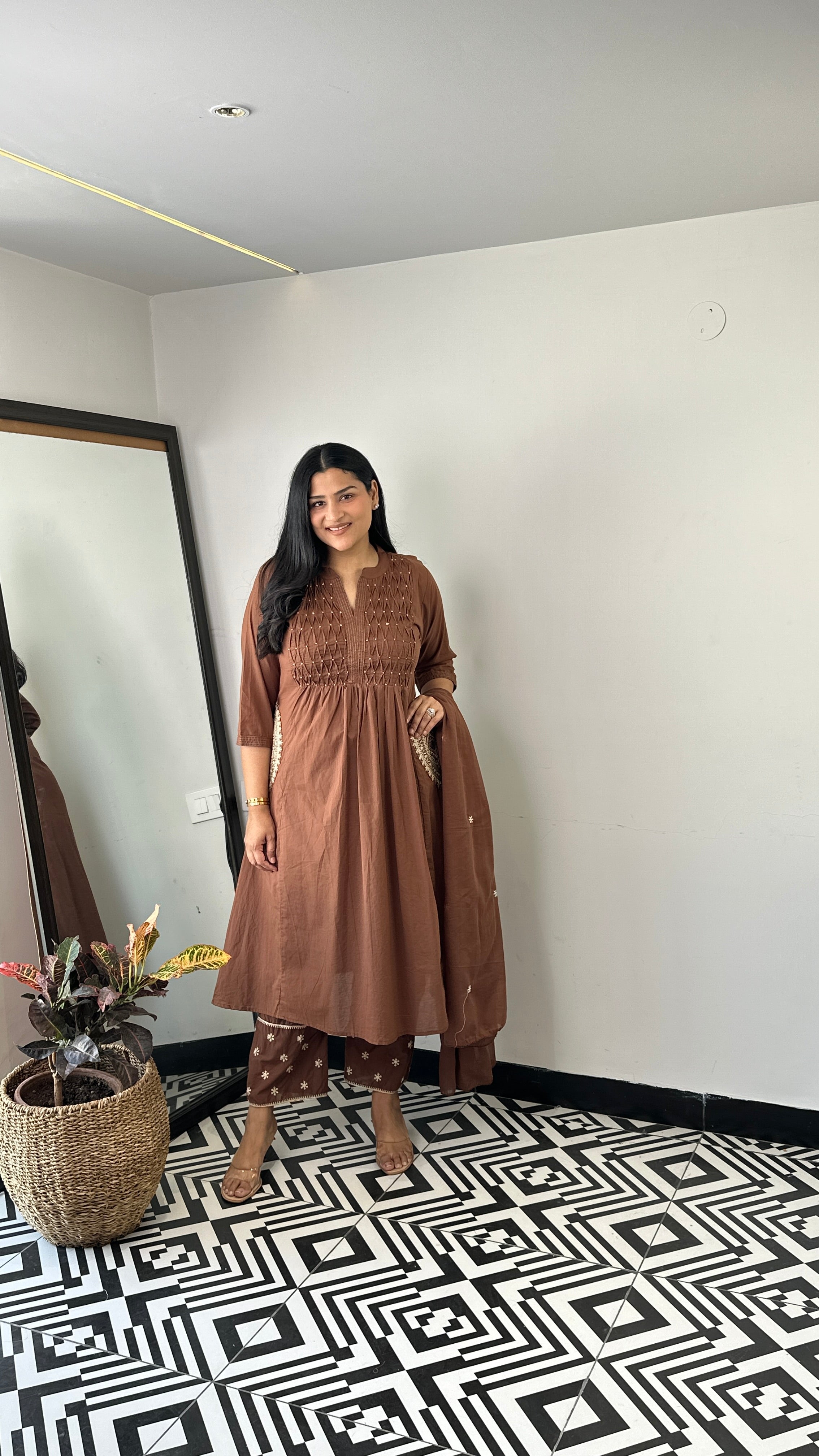 Pintex Brown A-Line Suit Set shrisa.in