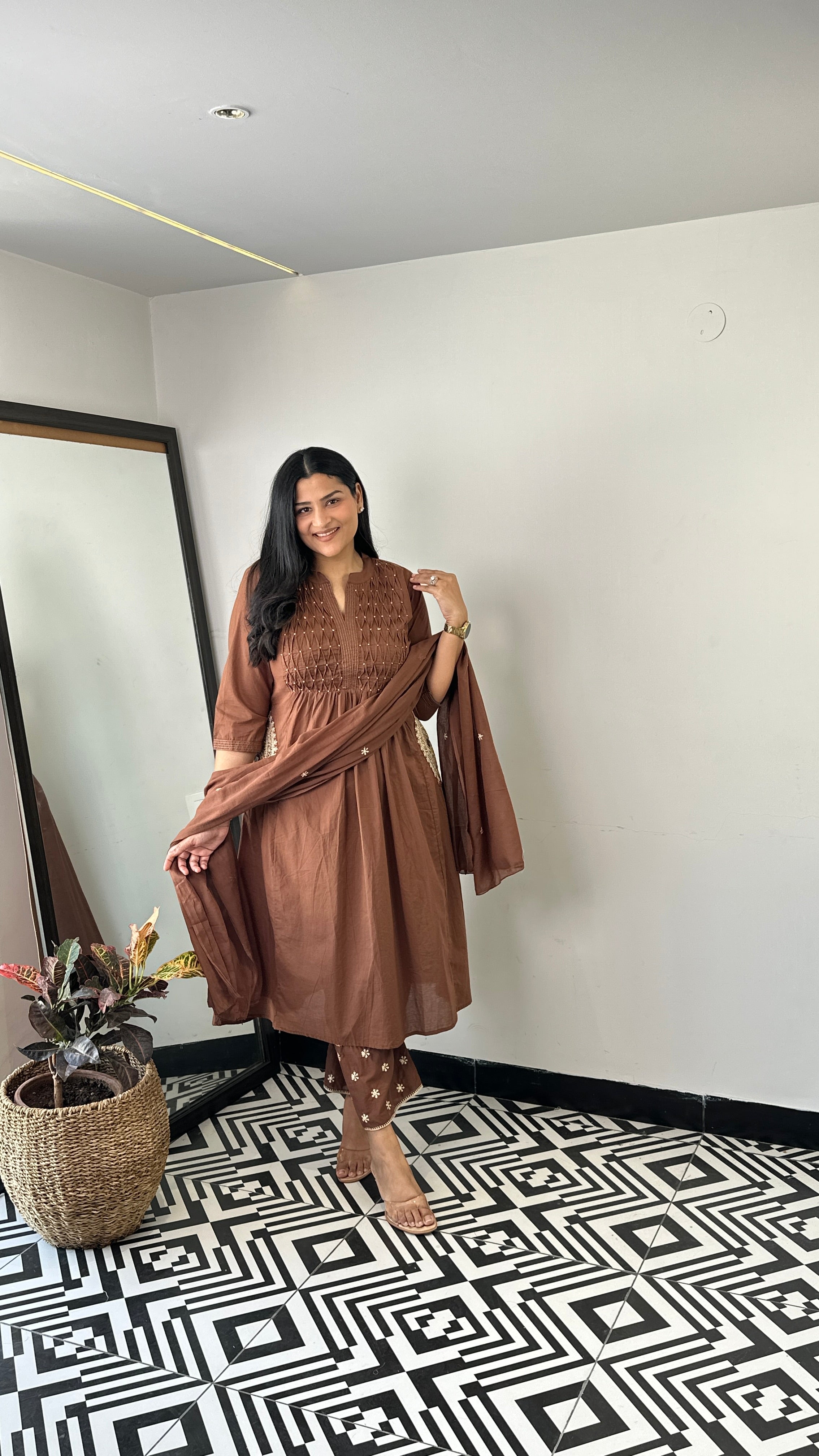 Pintex Brown A-Line Suit Set shrisa.in
