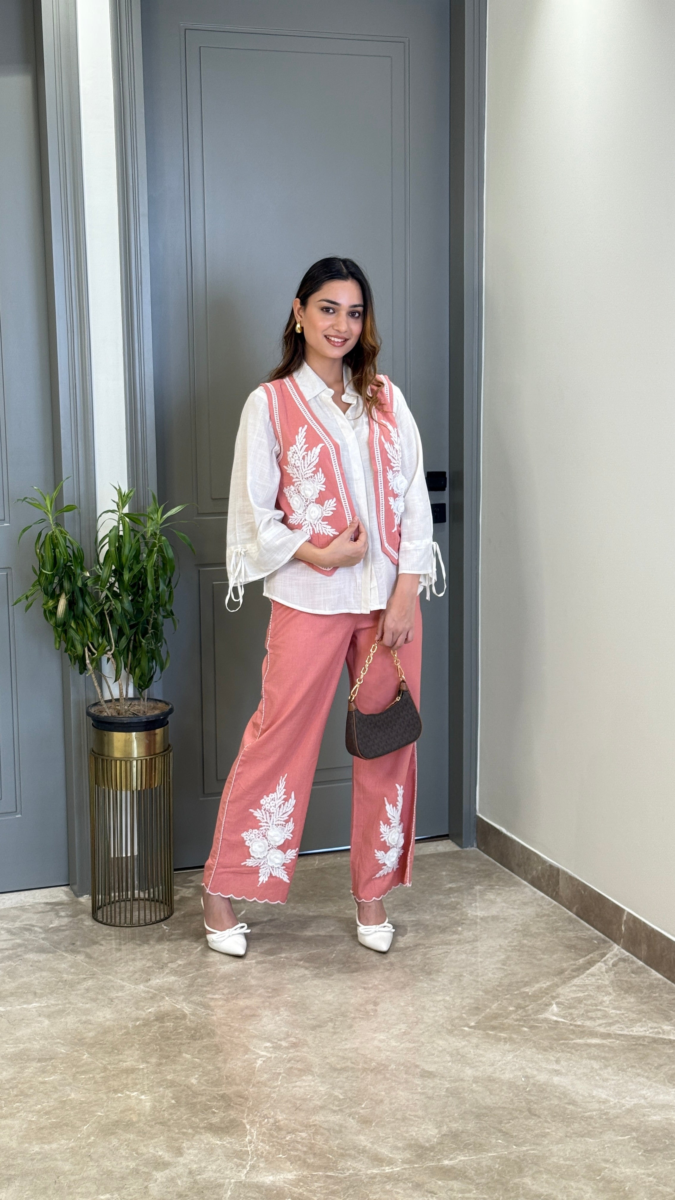 Vasket Flower Motif Pink Cord Set