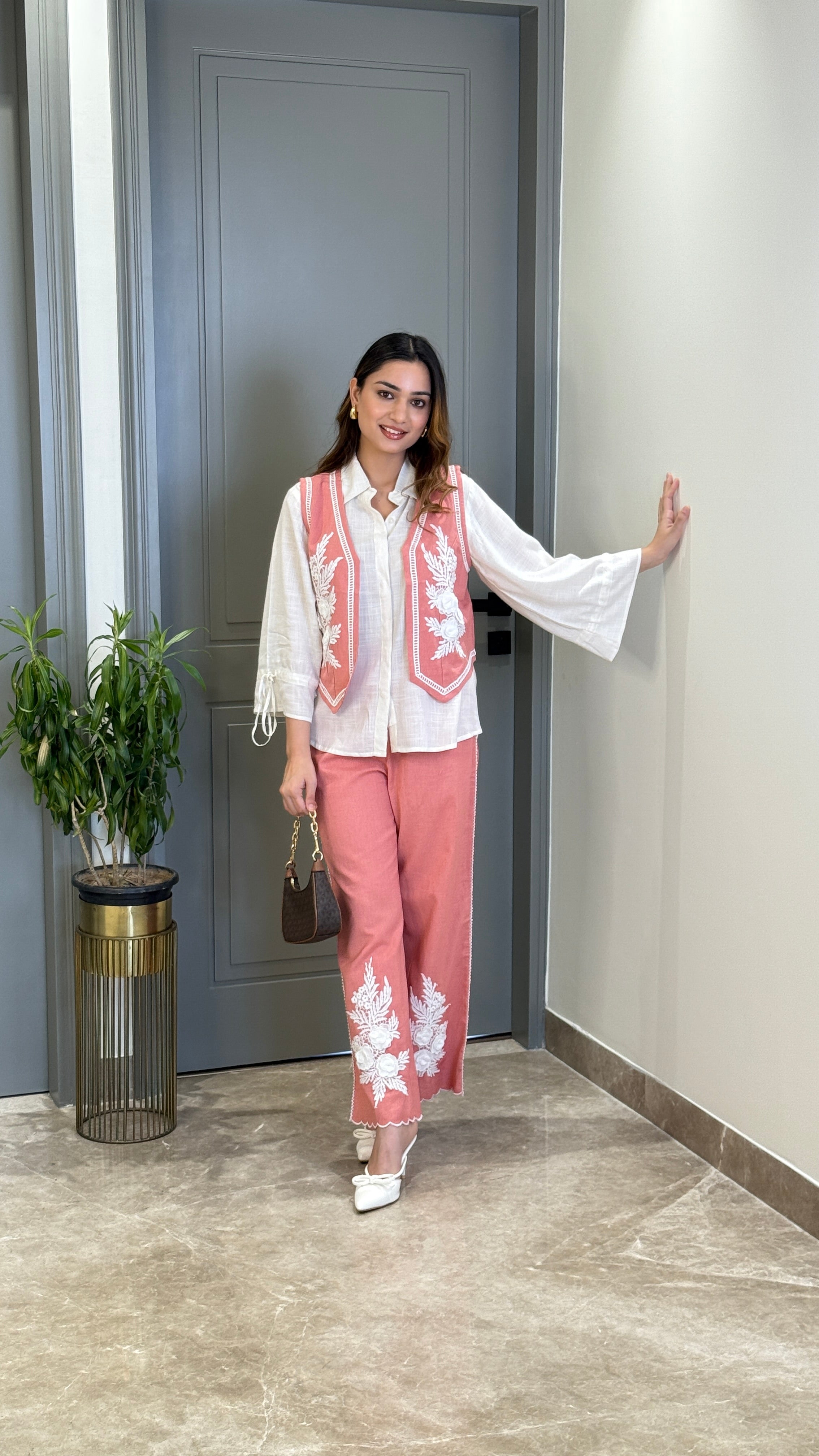 Vasket Flower Motif Pink Cord Set