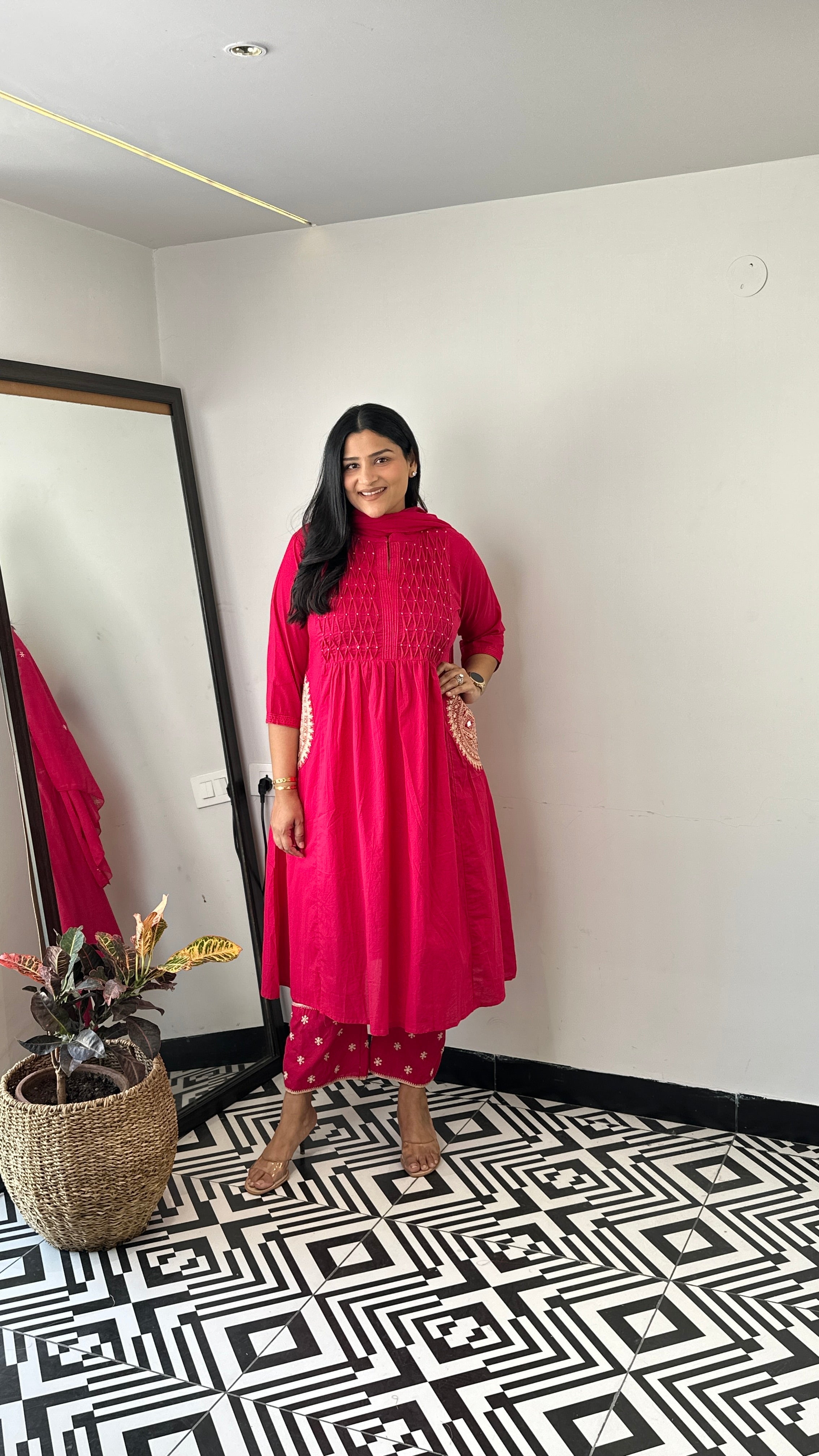Pintex Pink A-Line Suit Set shrisa.in