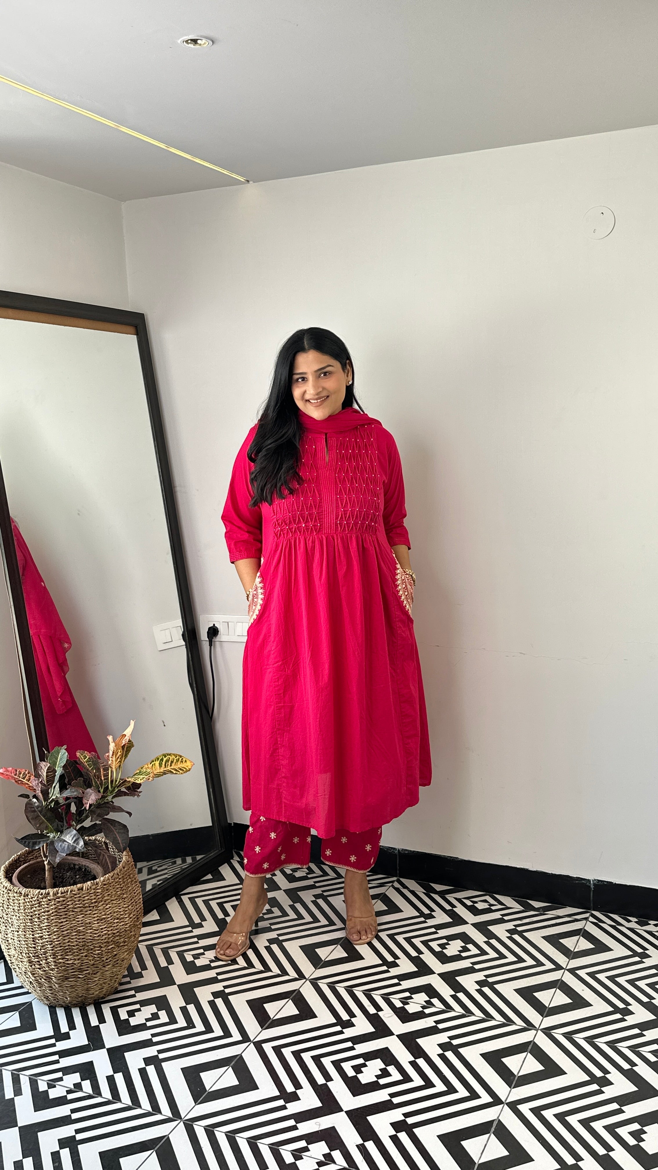 Pintex Pink A-Line Suit Set shrisa.in