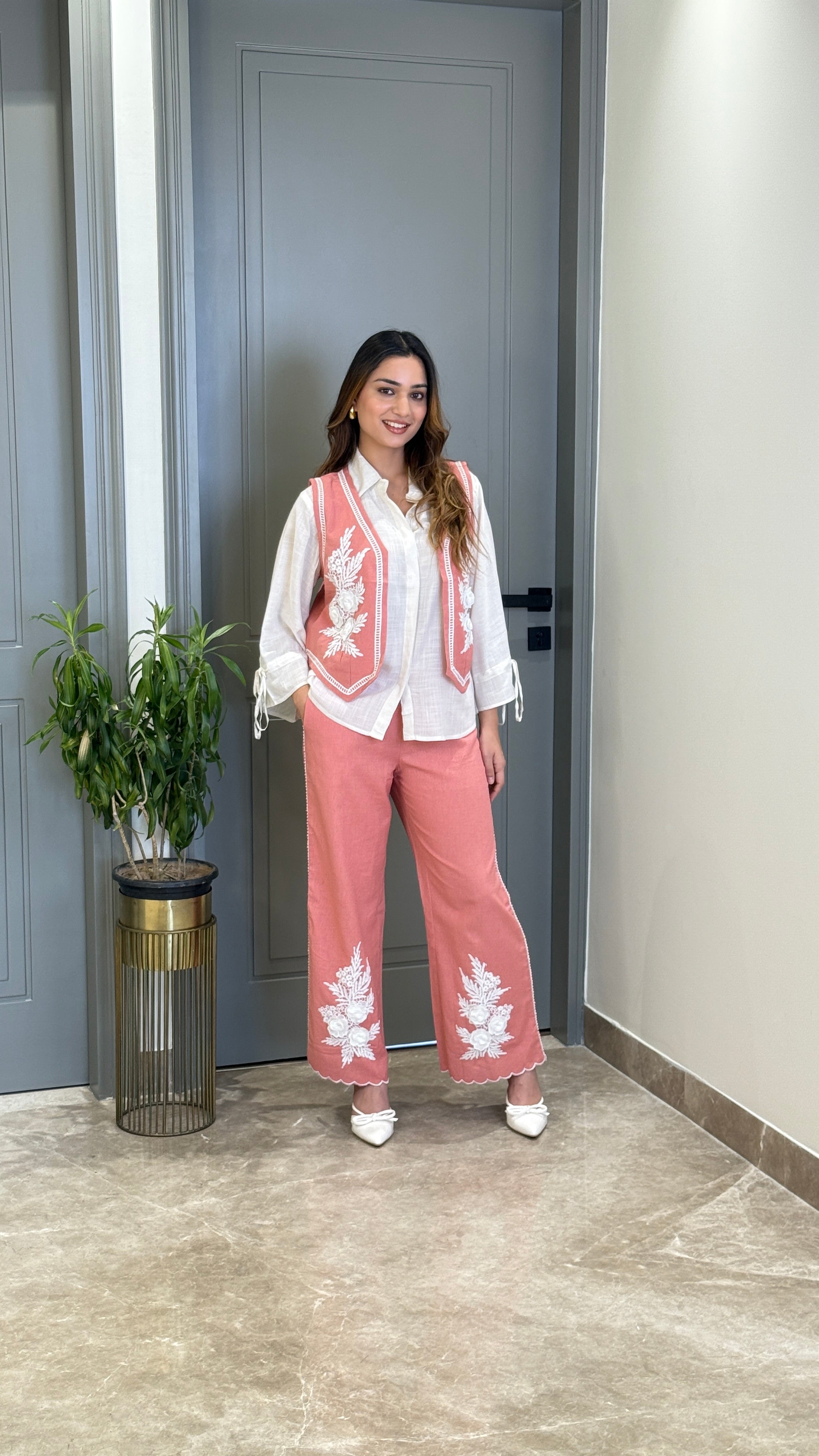 Vasket Flower Motif Pink Cord Set