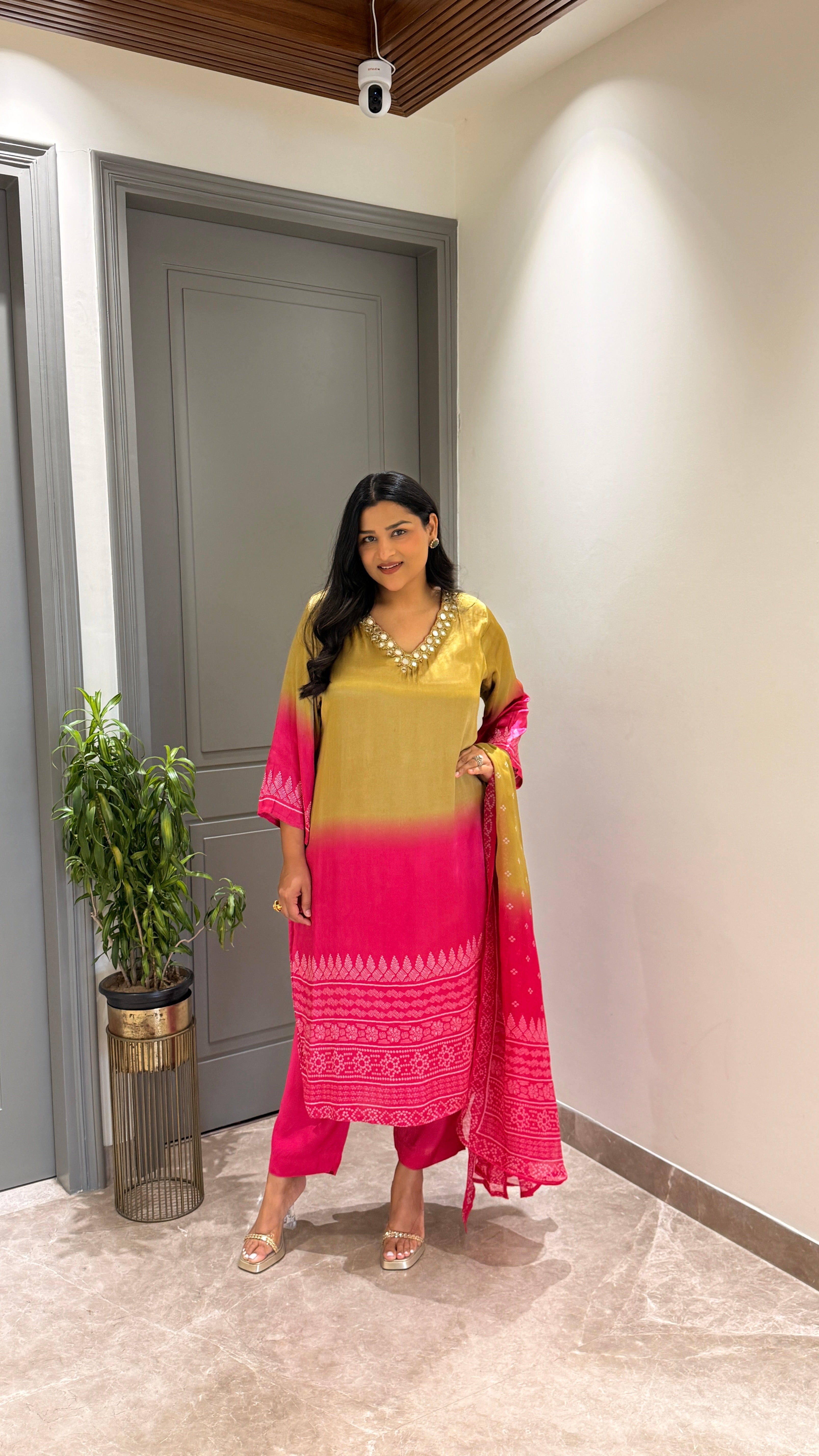 ⁠Green & Pink Ombre Suit Set shrisa.in