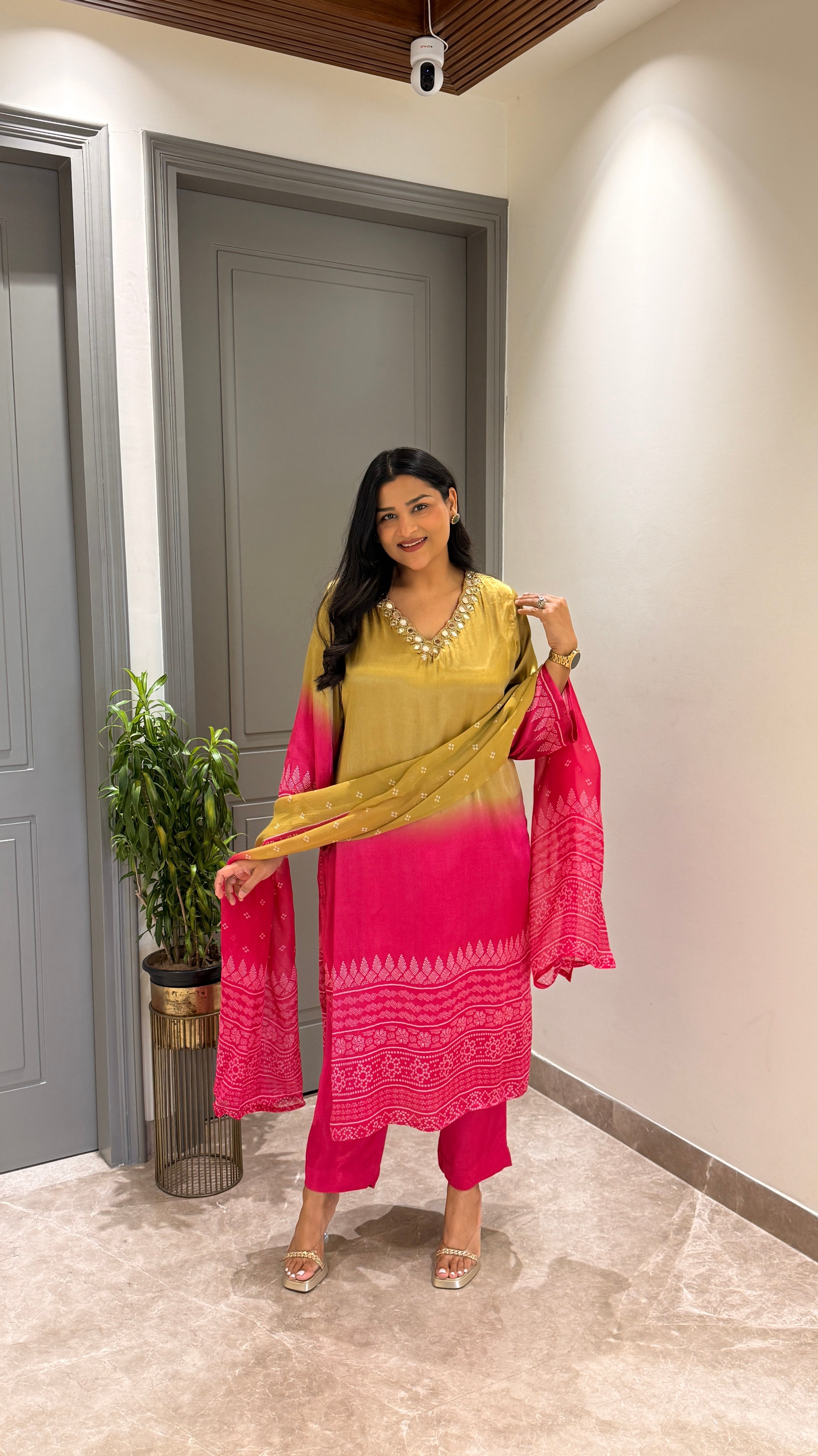 ⁠Green & Pink Ombre Suit Set shrisa.in
