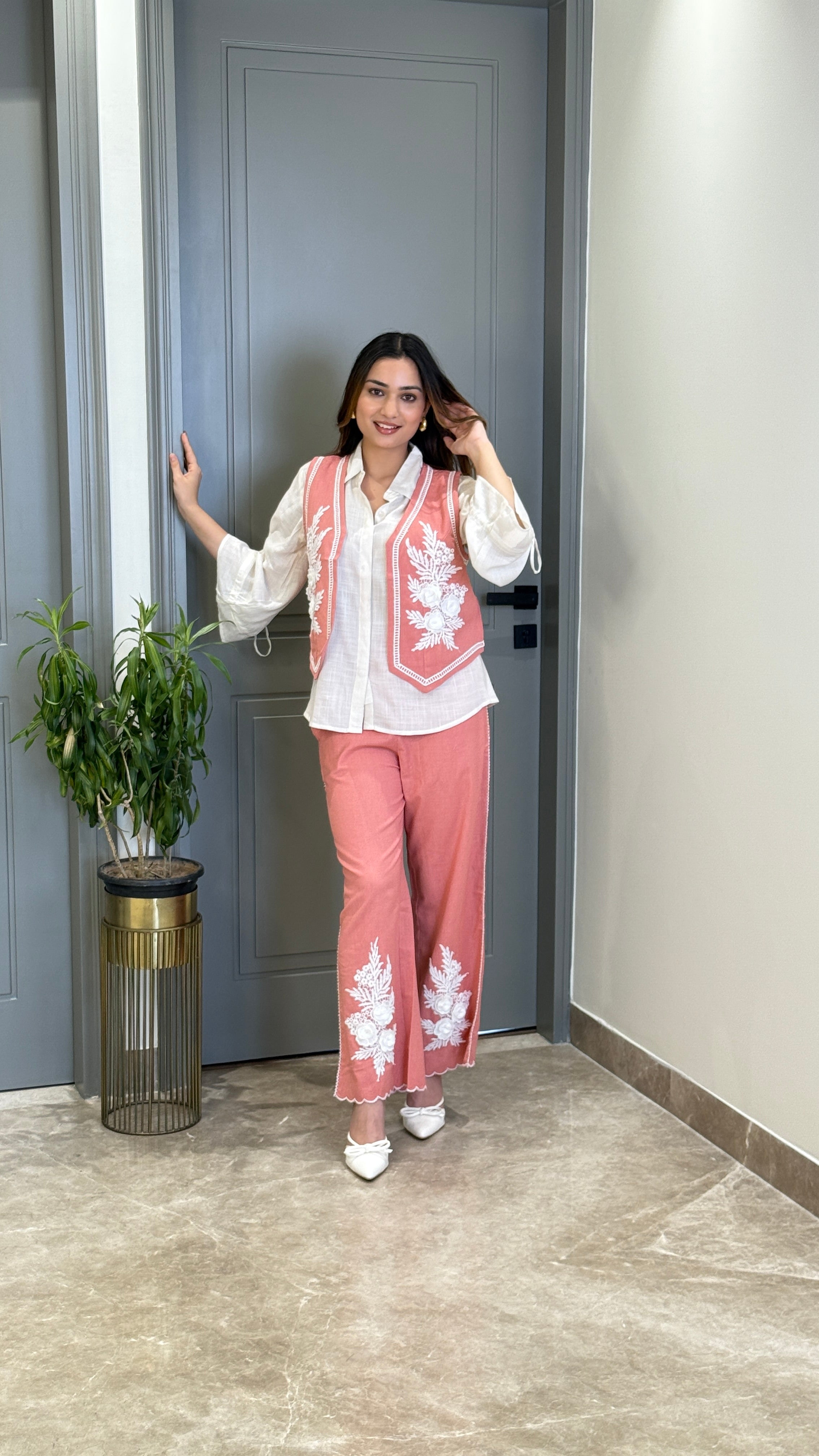 Vasket Flower Motif Pink Cord Set