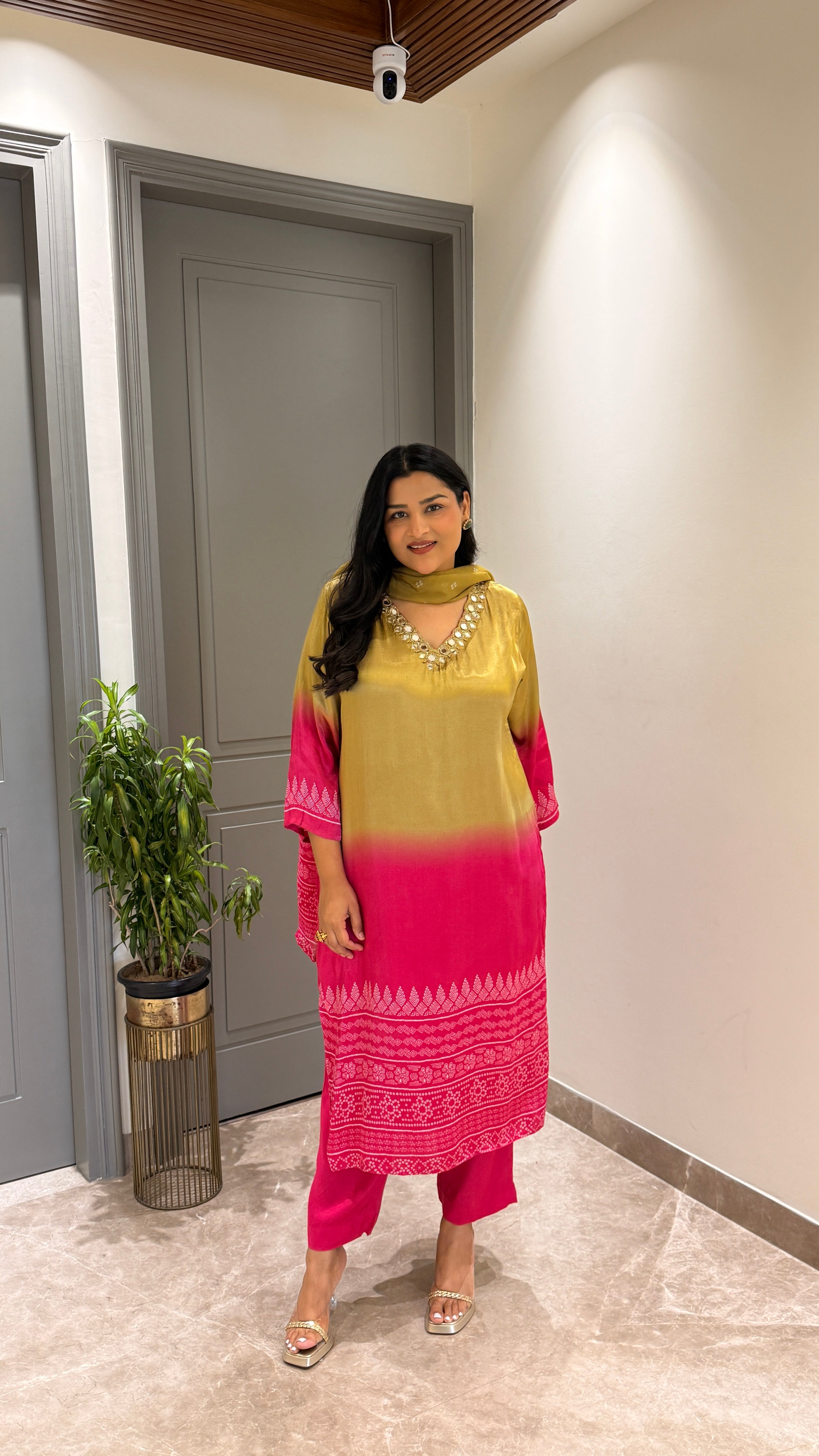 ⁠Green & Pink Ombre Suit Set shrisa.in