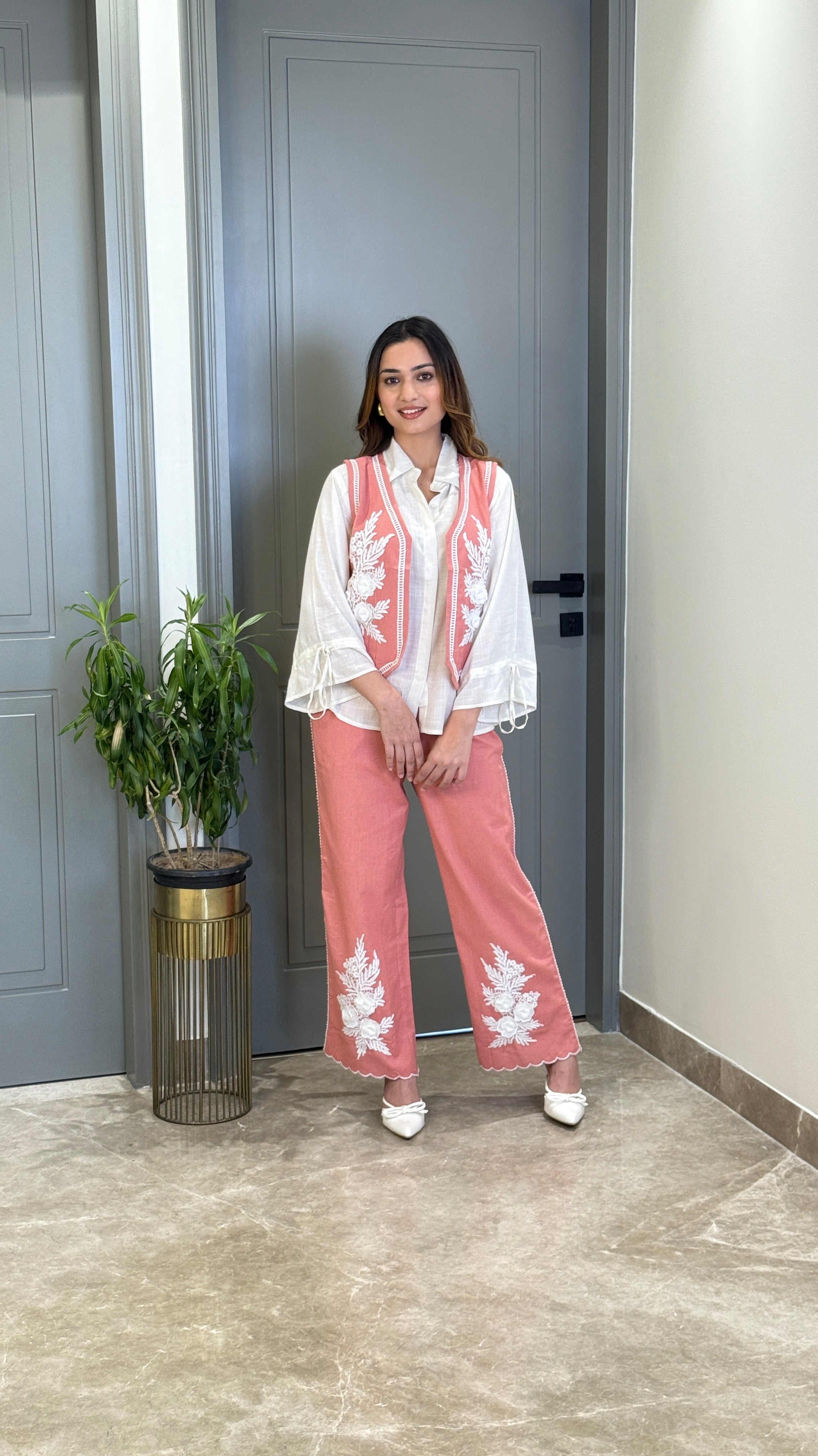 Vasket Flower Motif Pink Cord Set