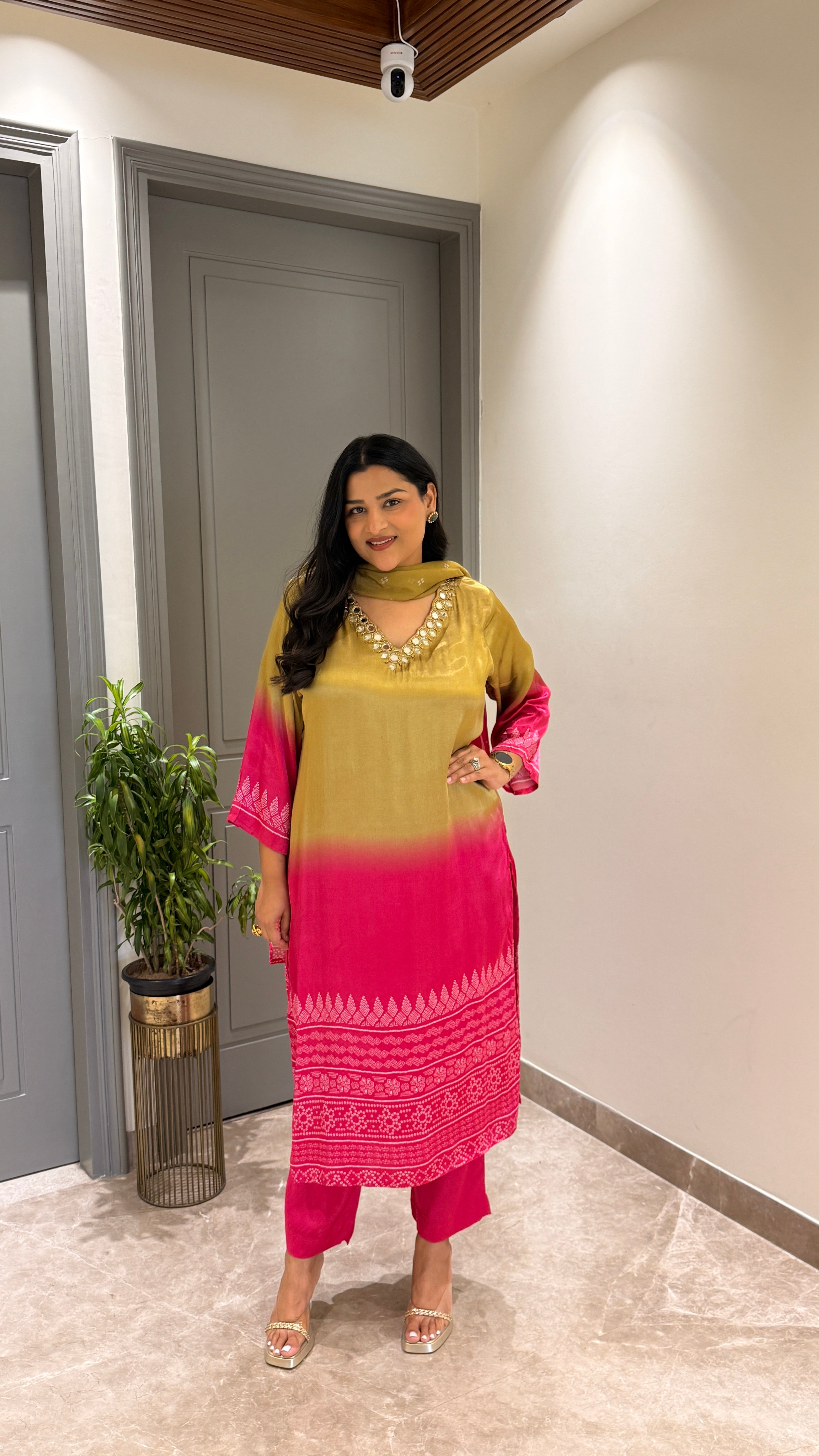 ⁠Green & Pink Ombre Suit Set shrisa.in