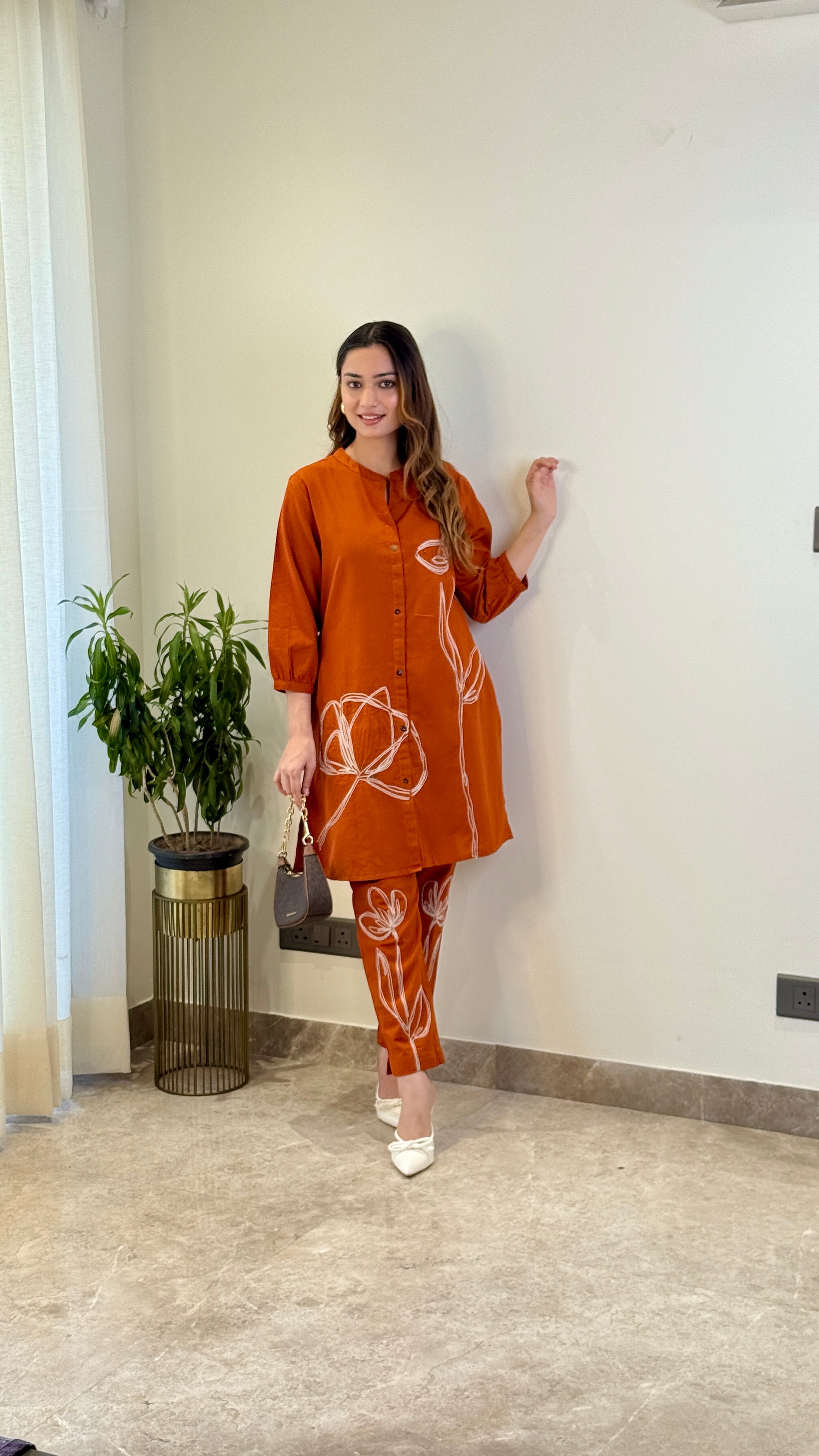 Rust Threadwork Linen Floral Cord Set