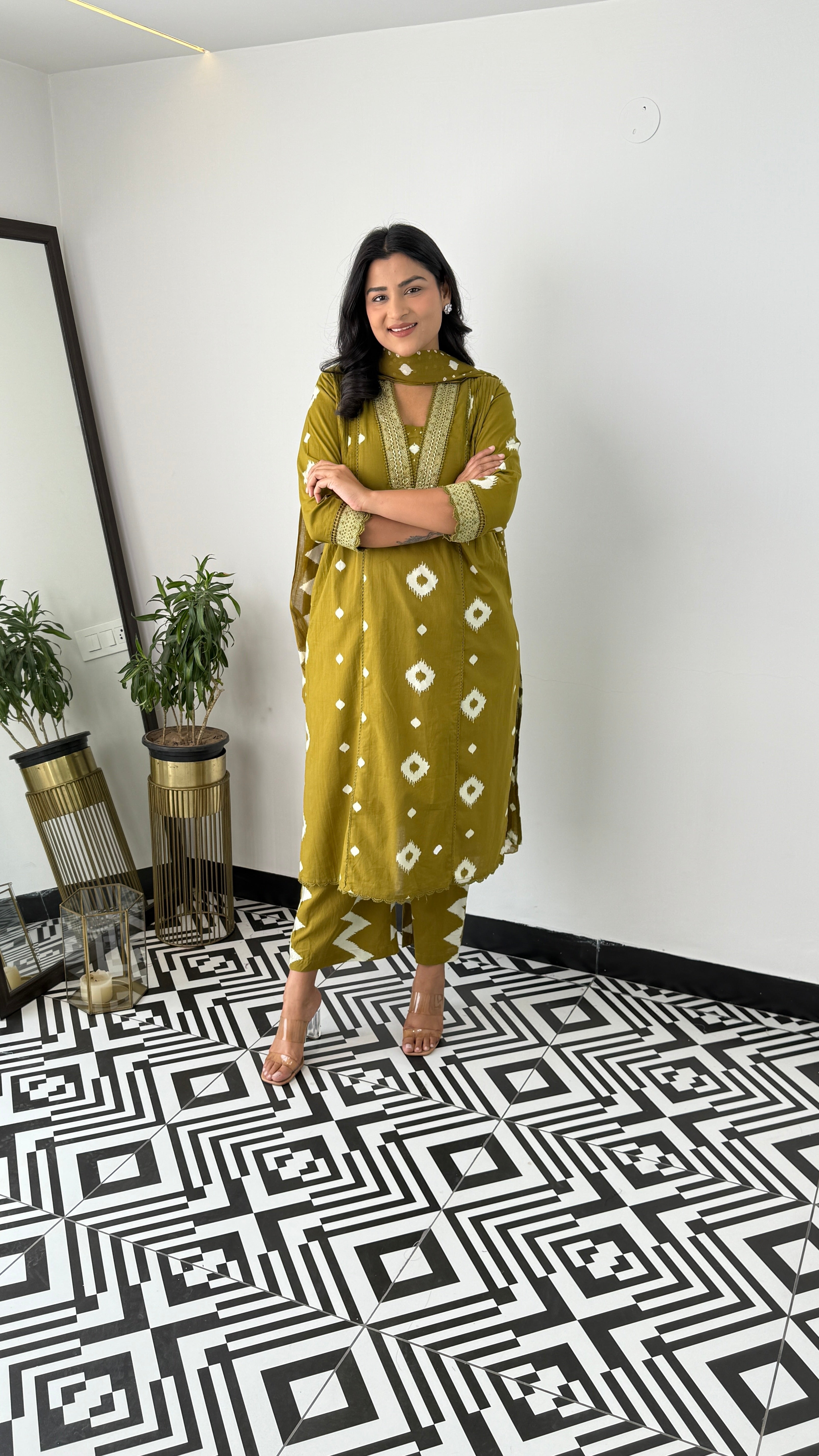 ⁠Ikkat Green Suit Set