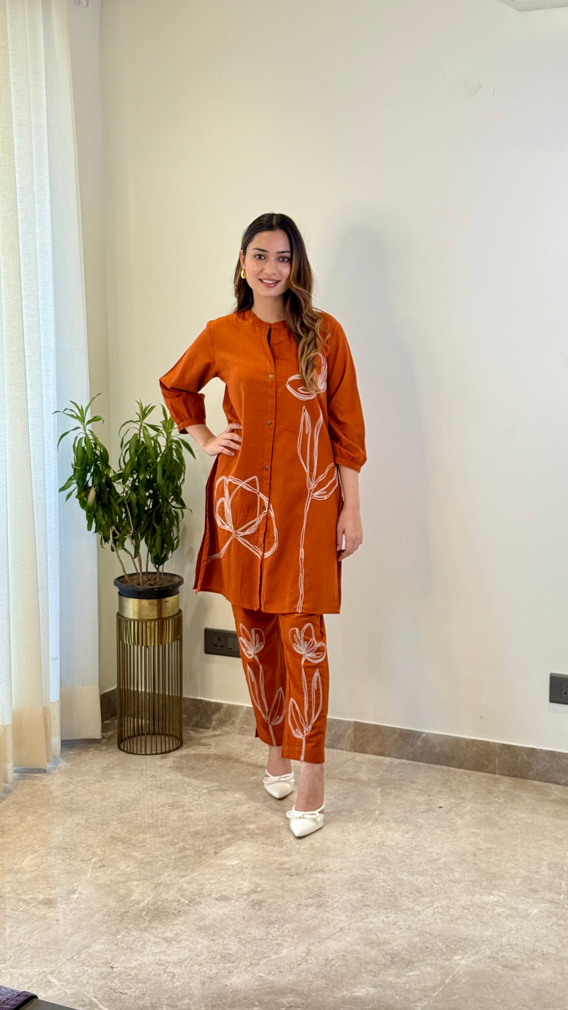 Rust Threadwork Linen Floral Cord Set