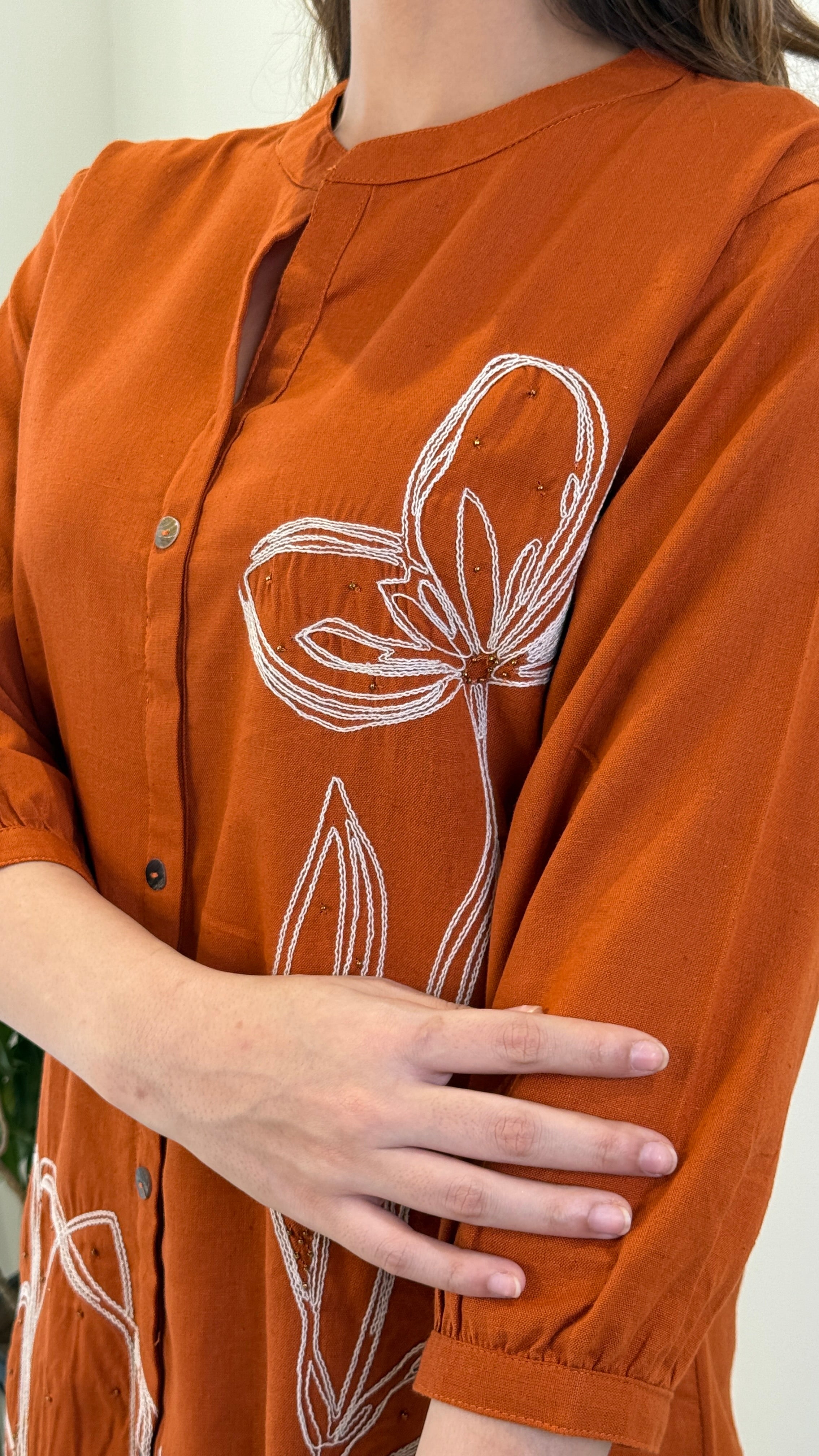 Rust Threadwork Linen Floral Cord Set