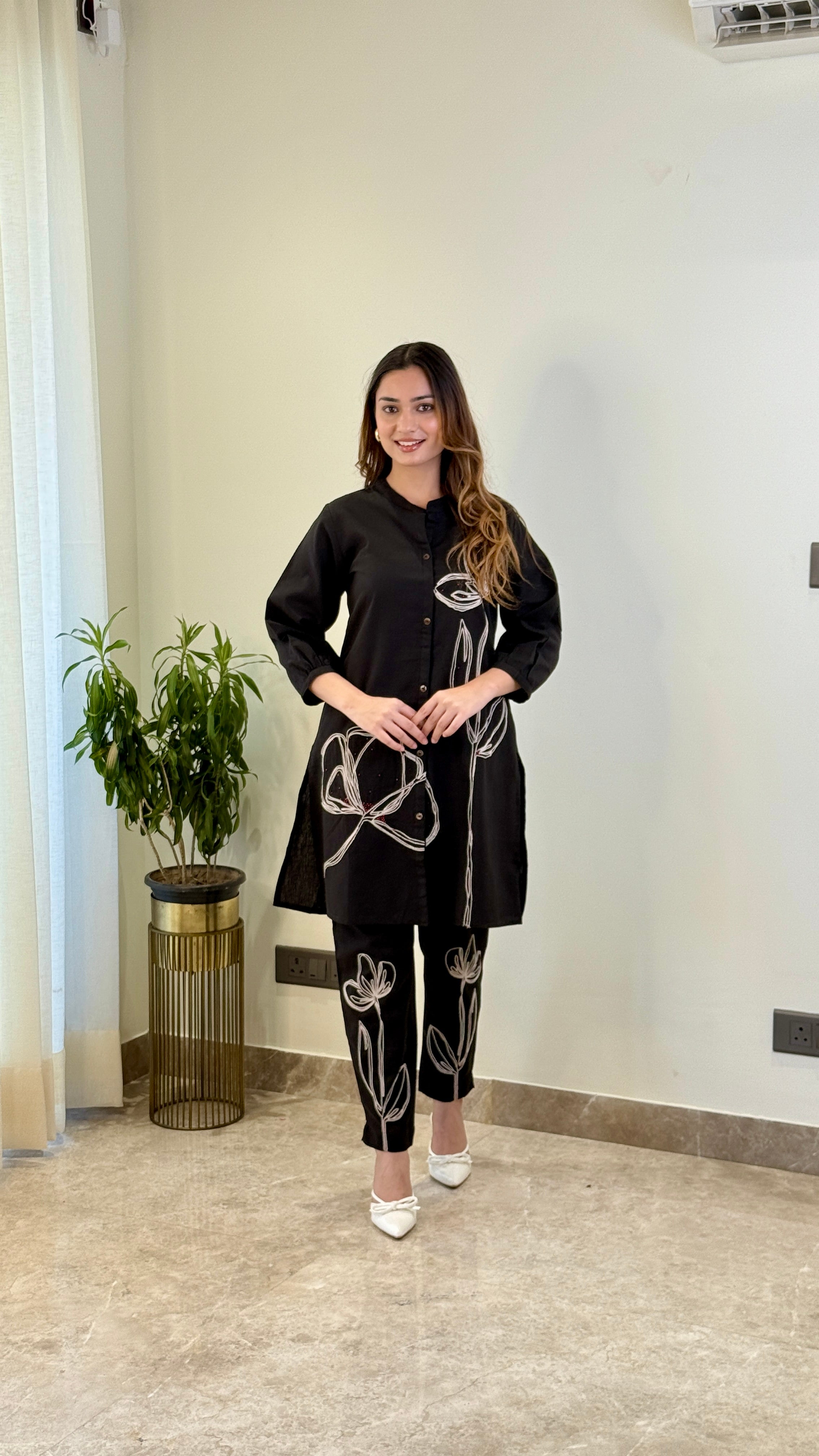 Black Threadwork Linen Floral Cord Set