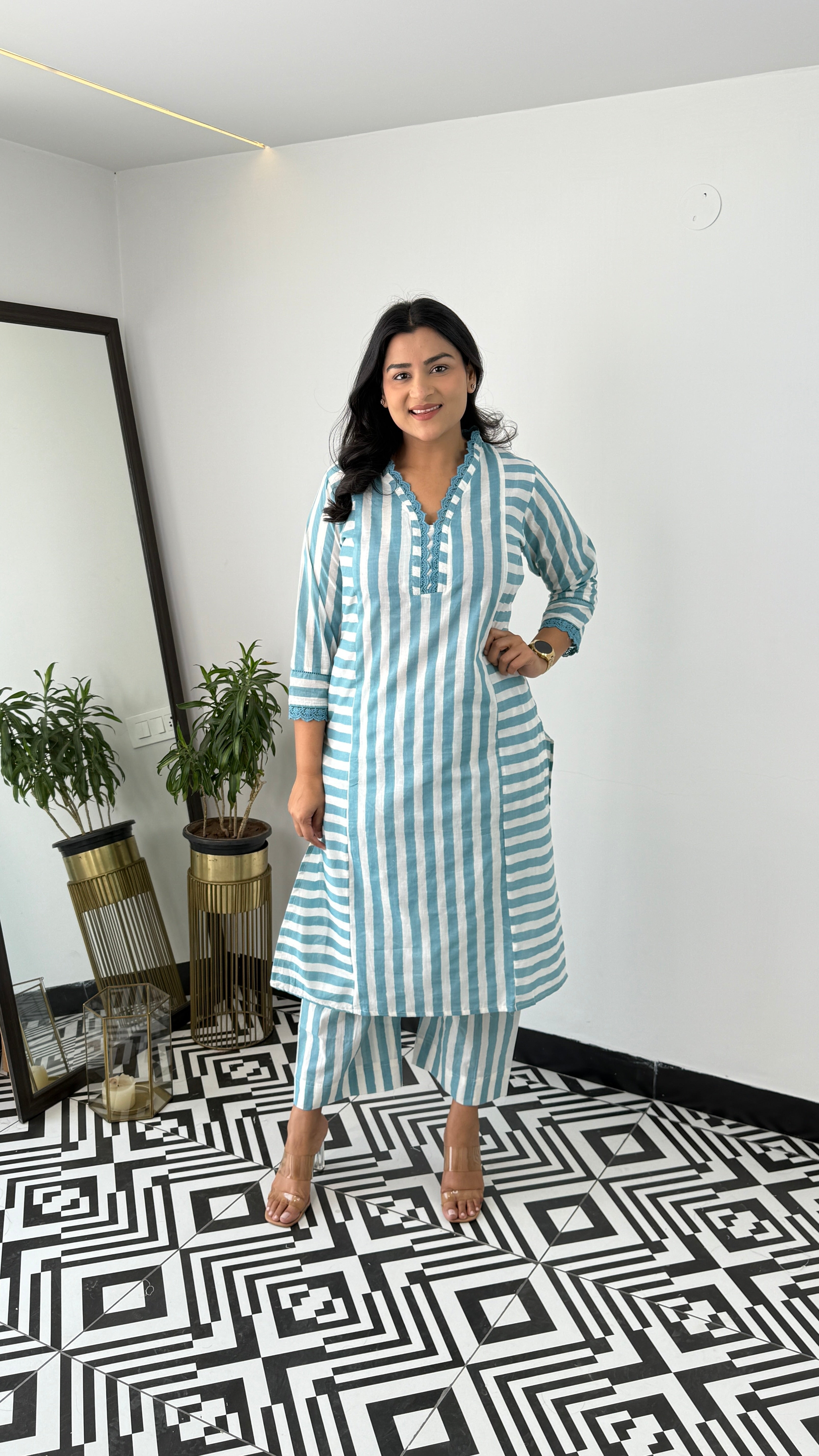 Stripes Blue V-Neck Kurta Pants