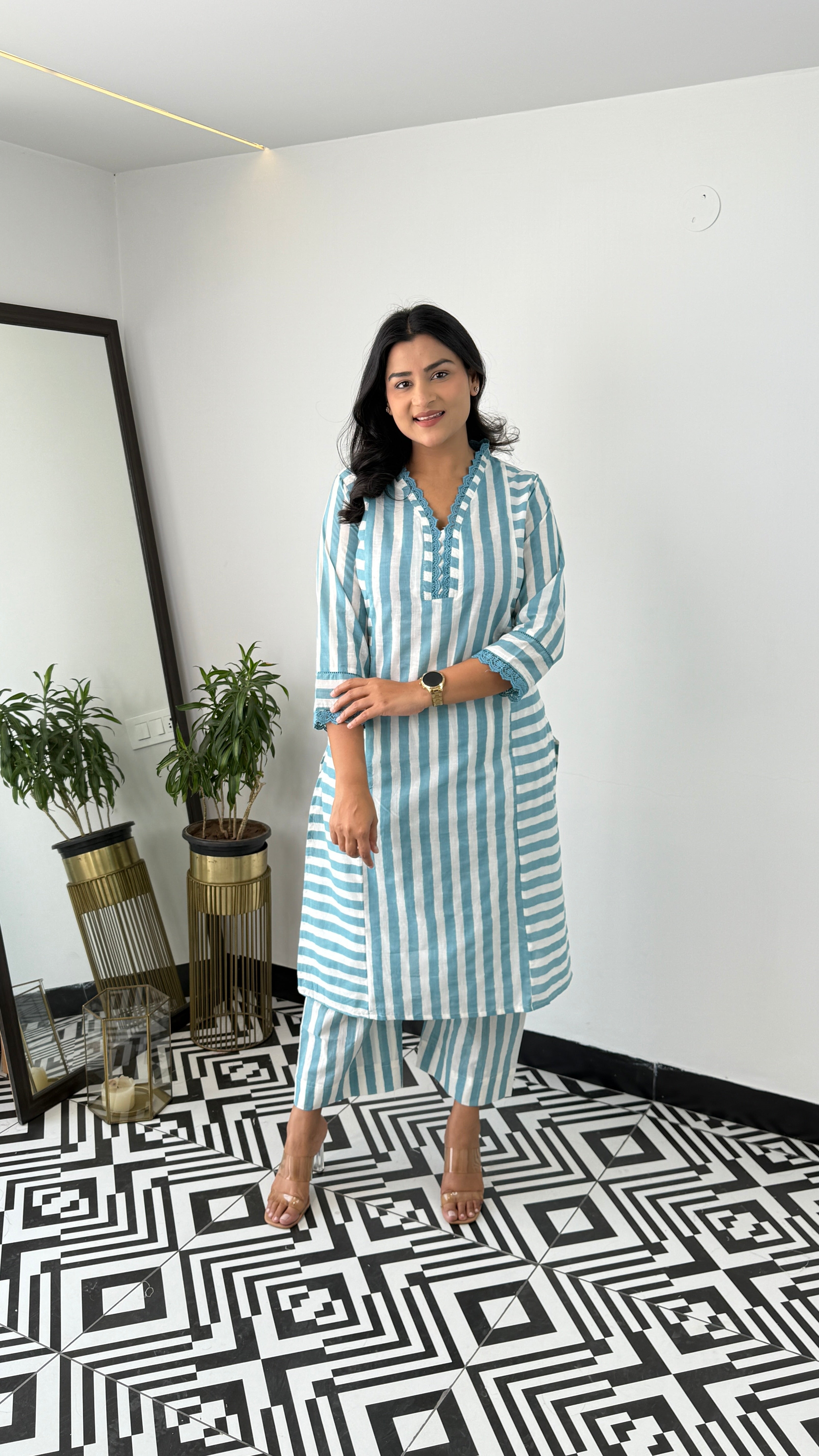 Stripes Blue V-Neck Kurta Pants