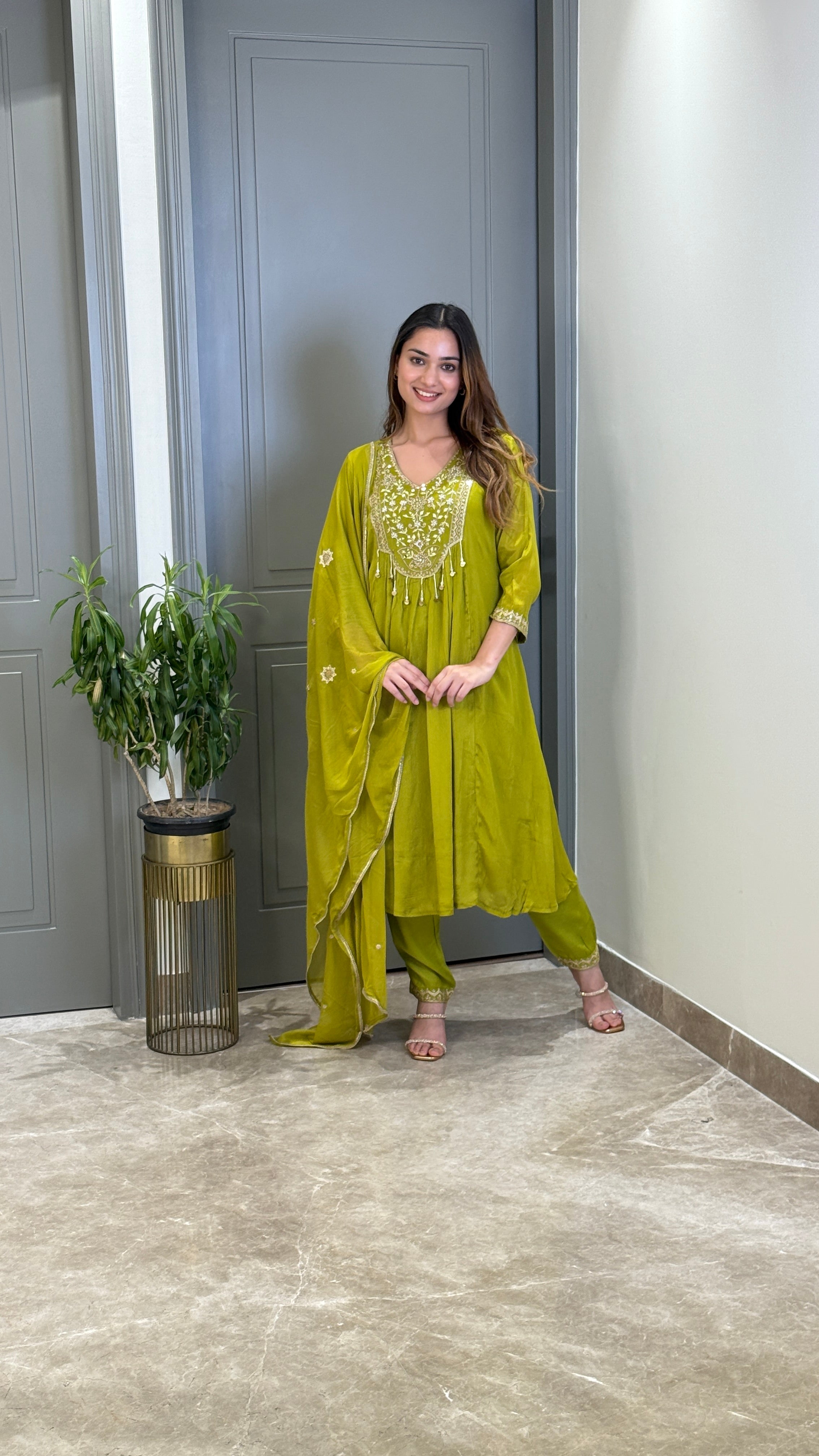 Green Handwork Festive Anarkali