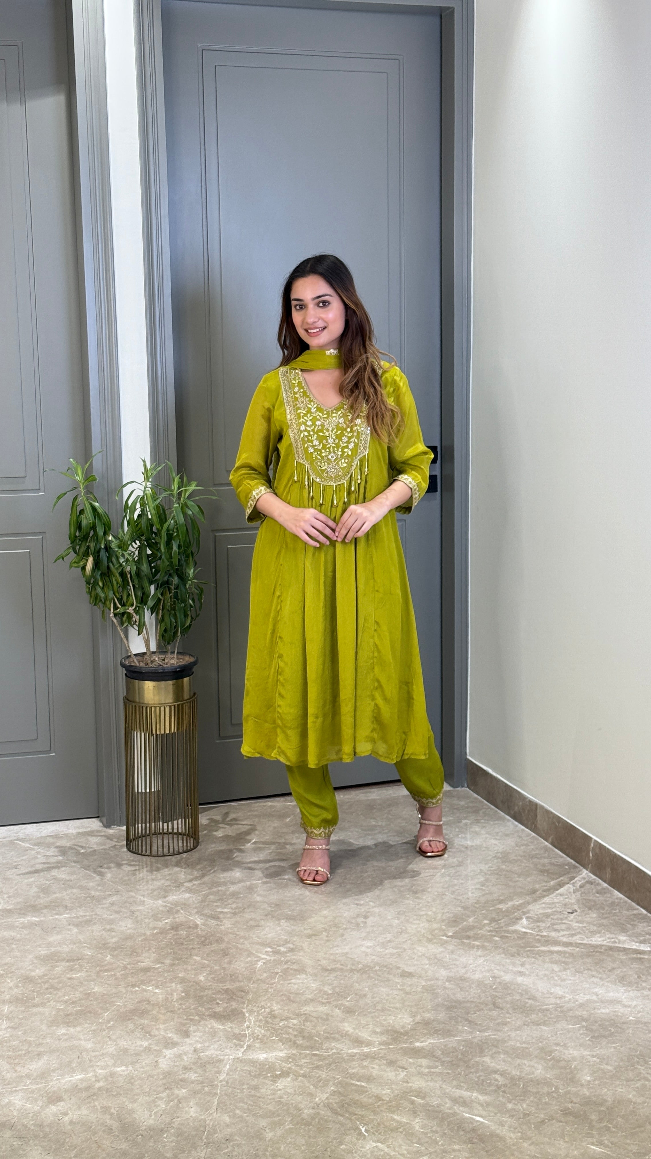 Green Handwork Festive Anarkali