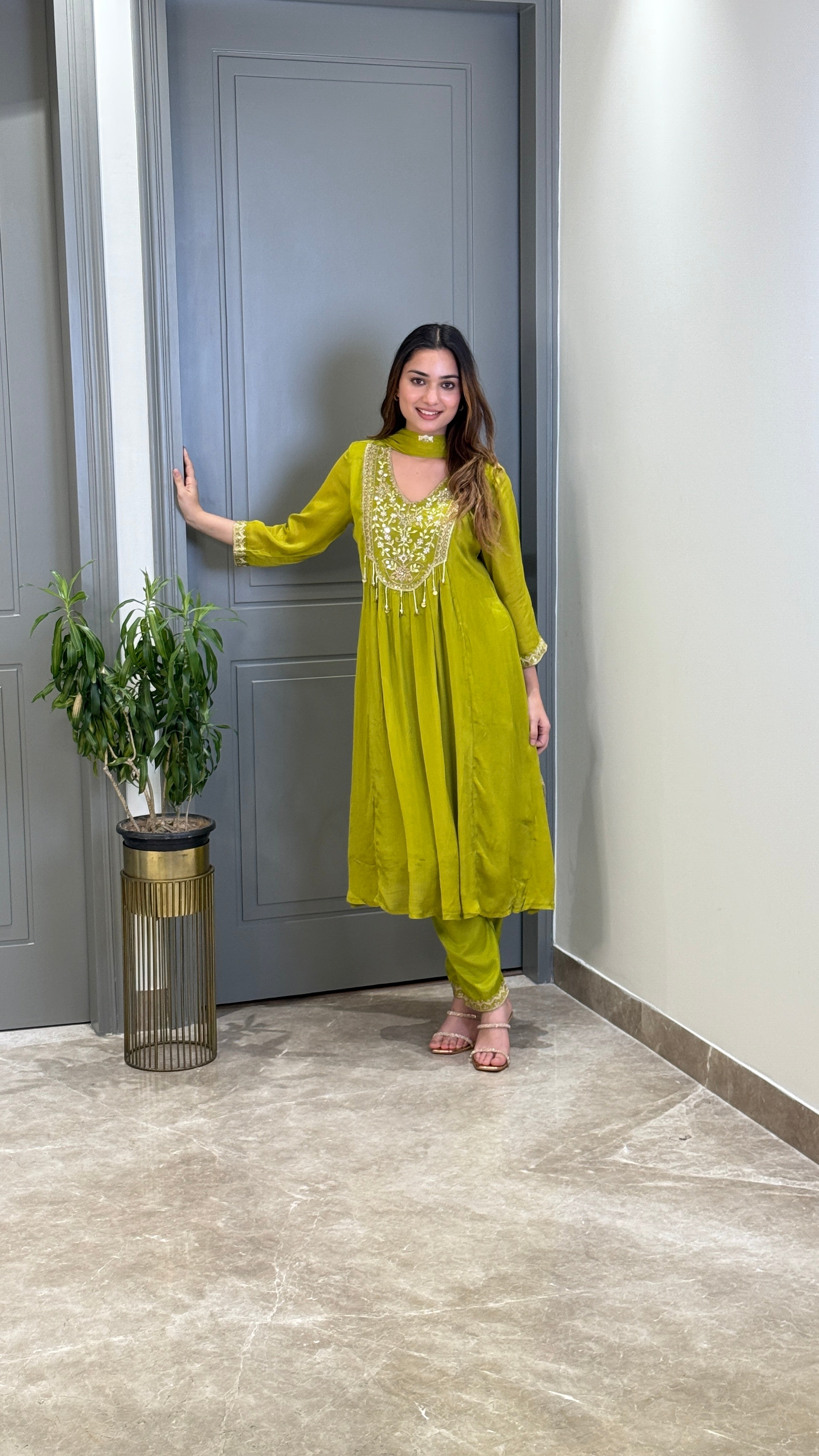 Green Handwork Festive Anarkali