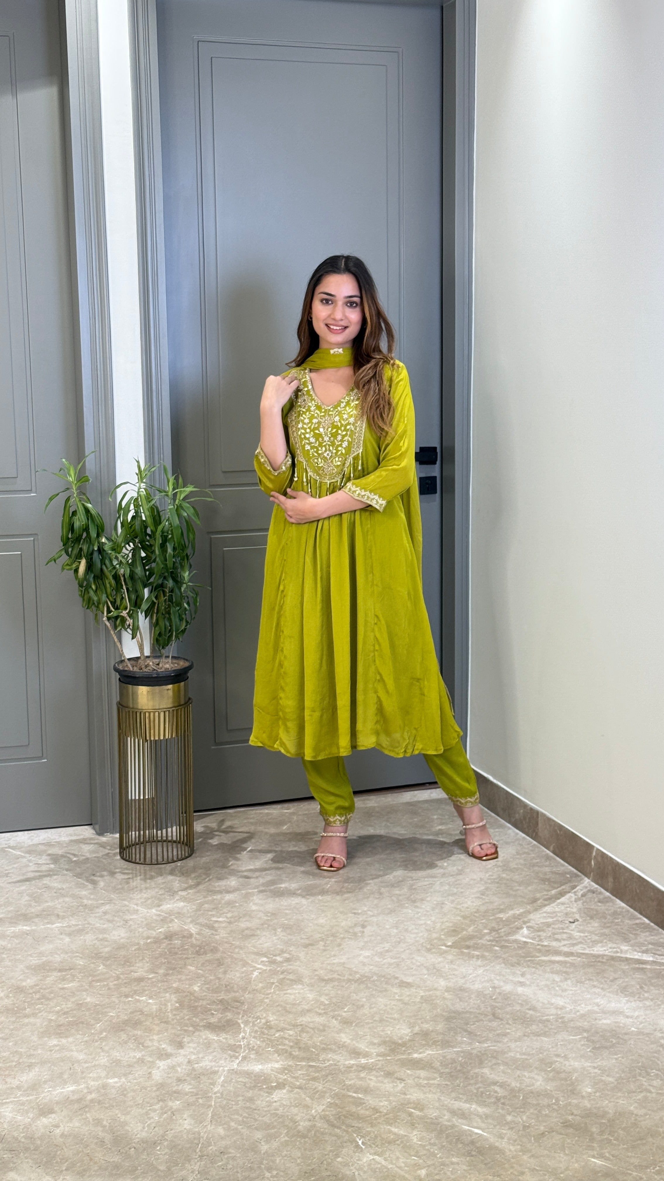 Green Handwork Festive Anarkali