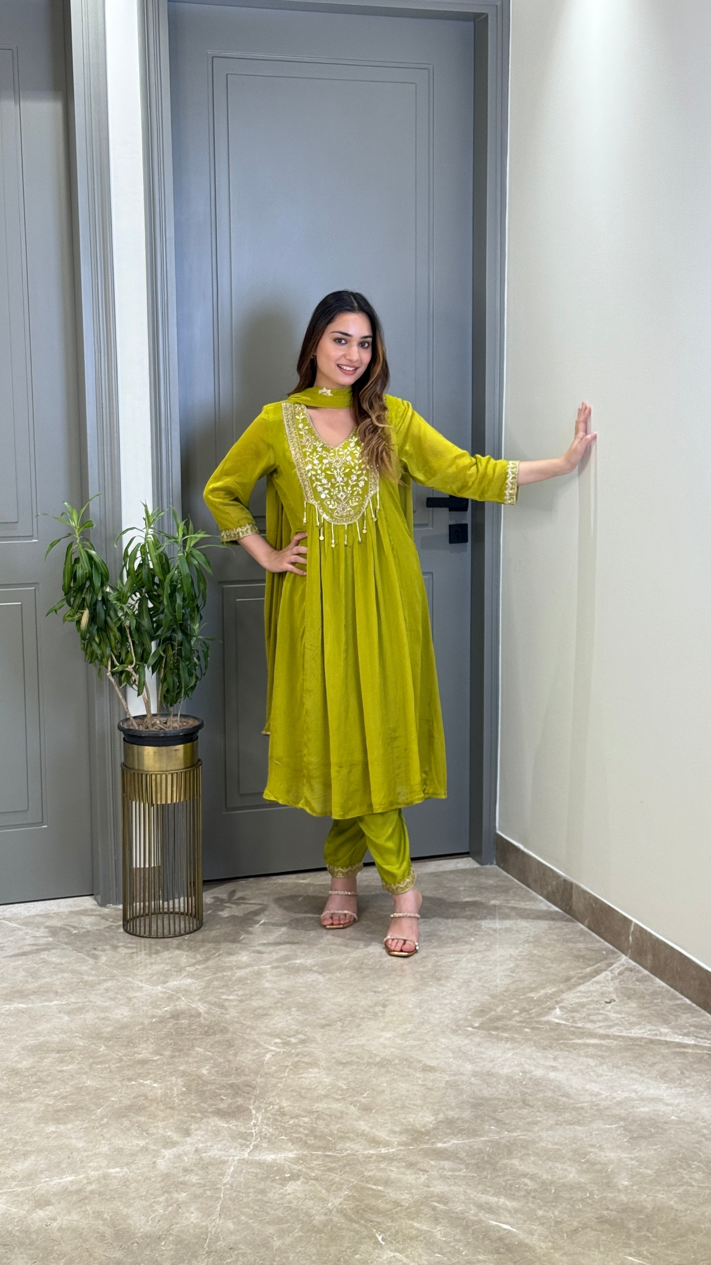 Green Handwork Festive Anarkali