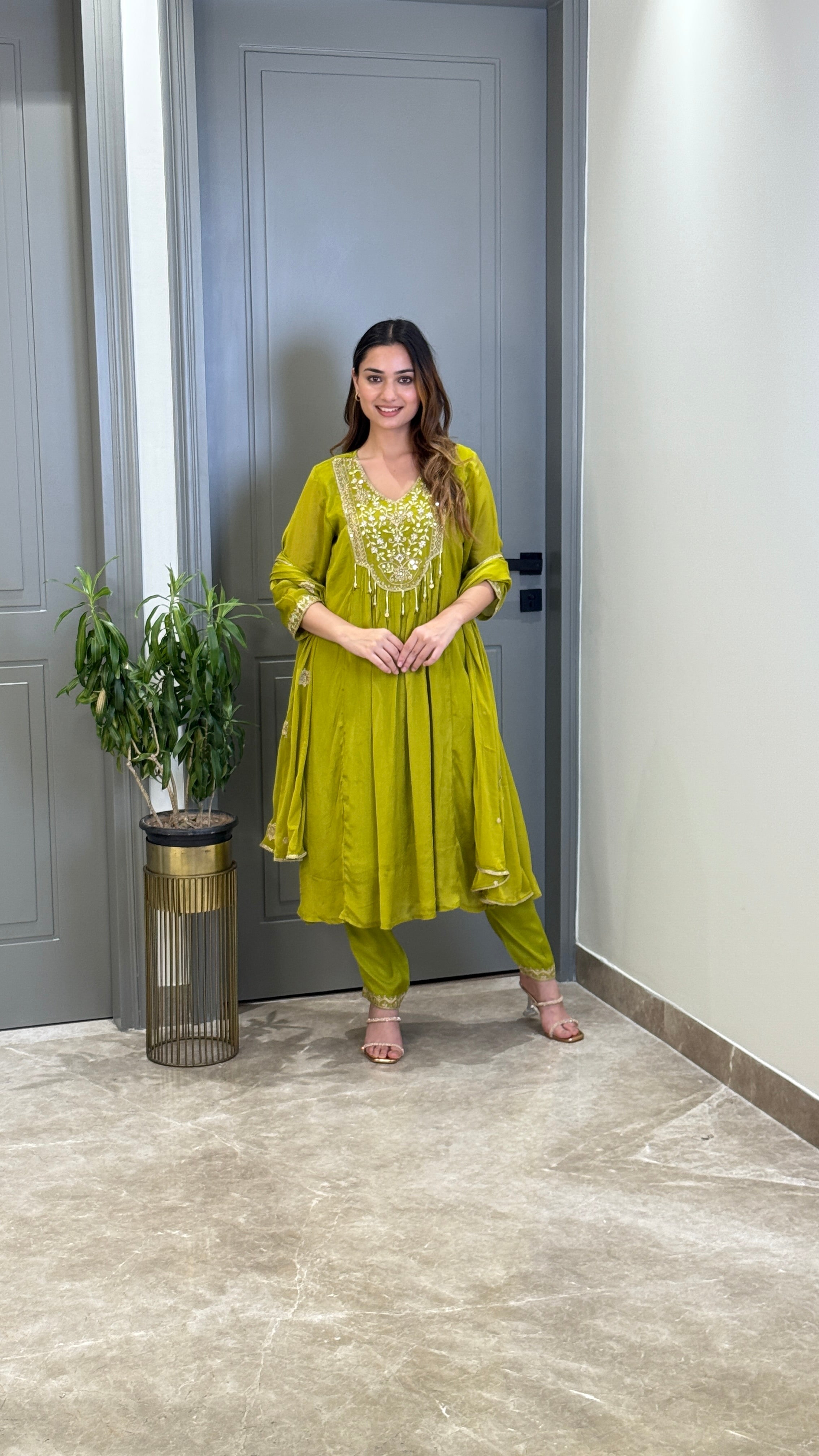 Green Handwork Festive Anarkali