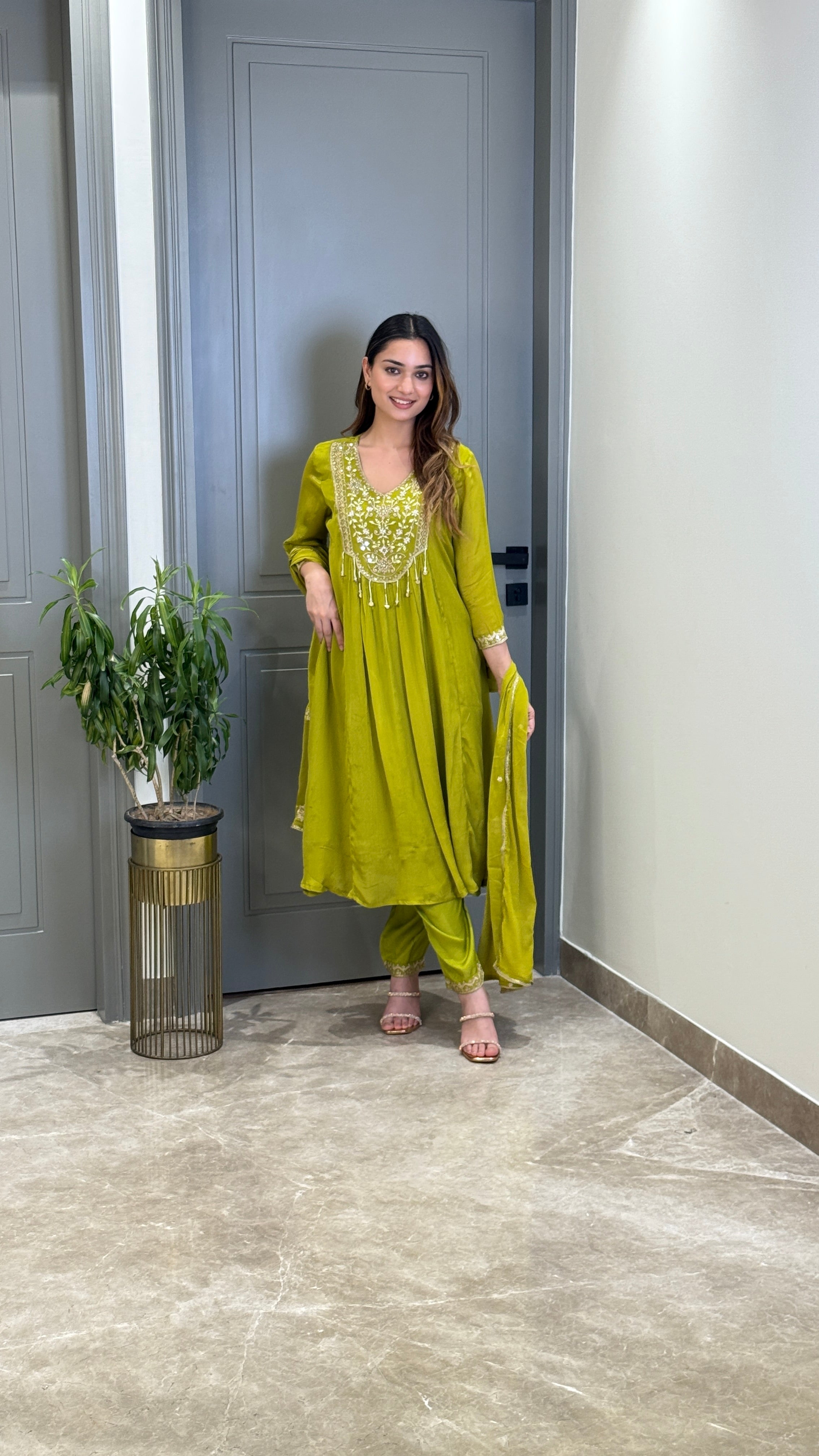 Green Handwork Festive Anarkali