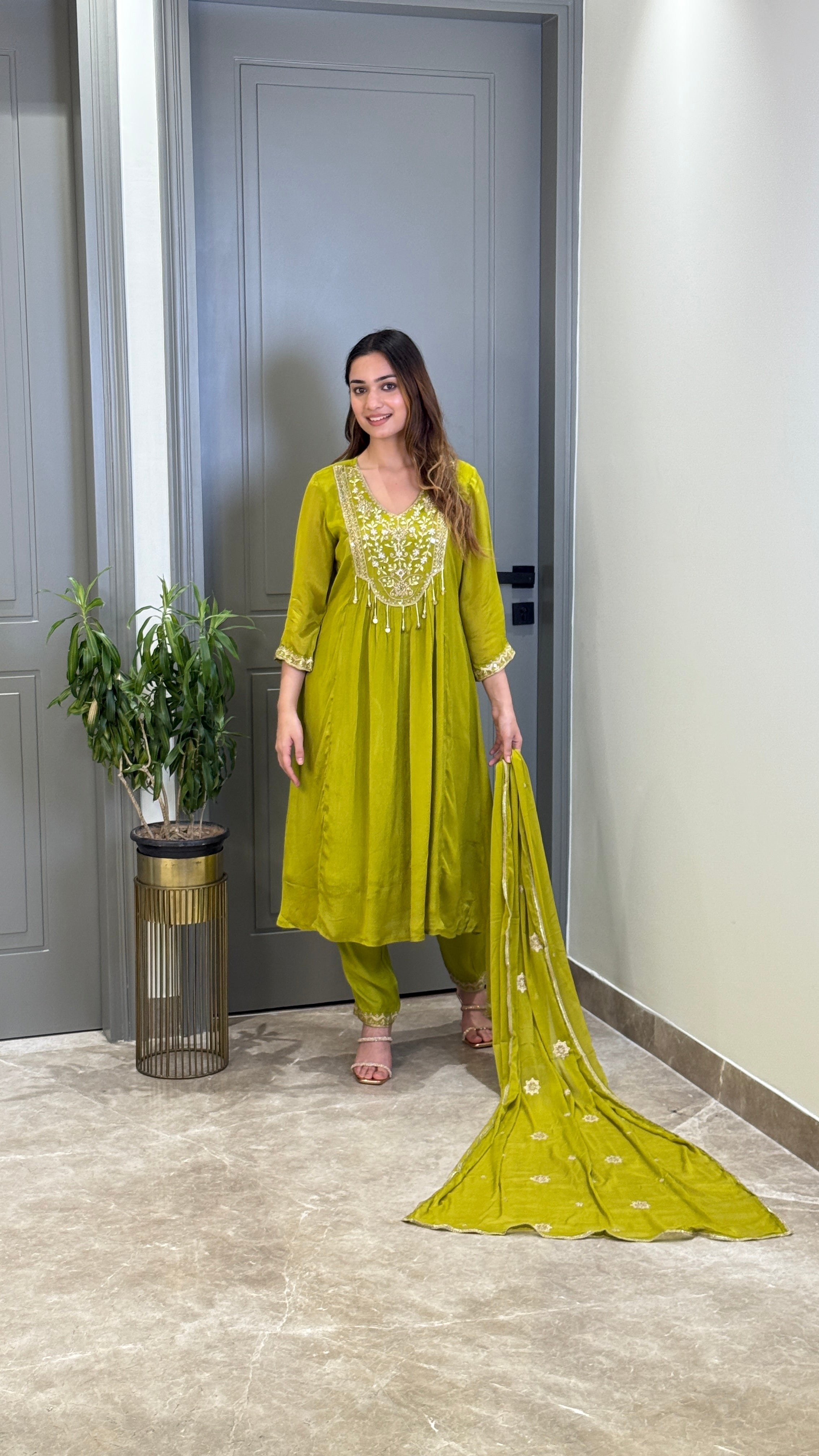 Green Handwork Festive Anarkali