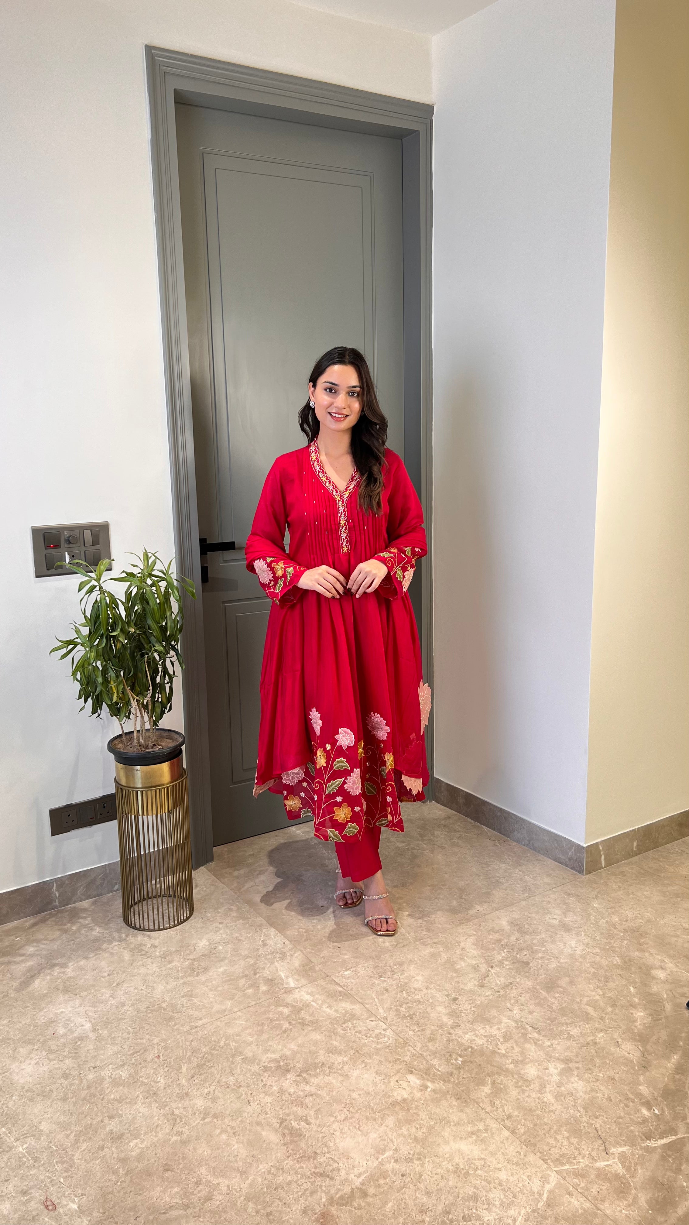 Maroon Mul Chanderi Floral Suit Set