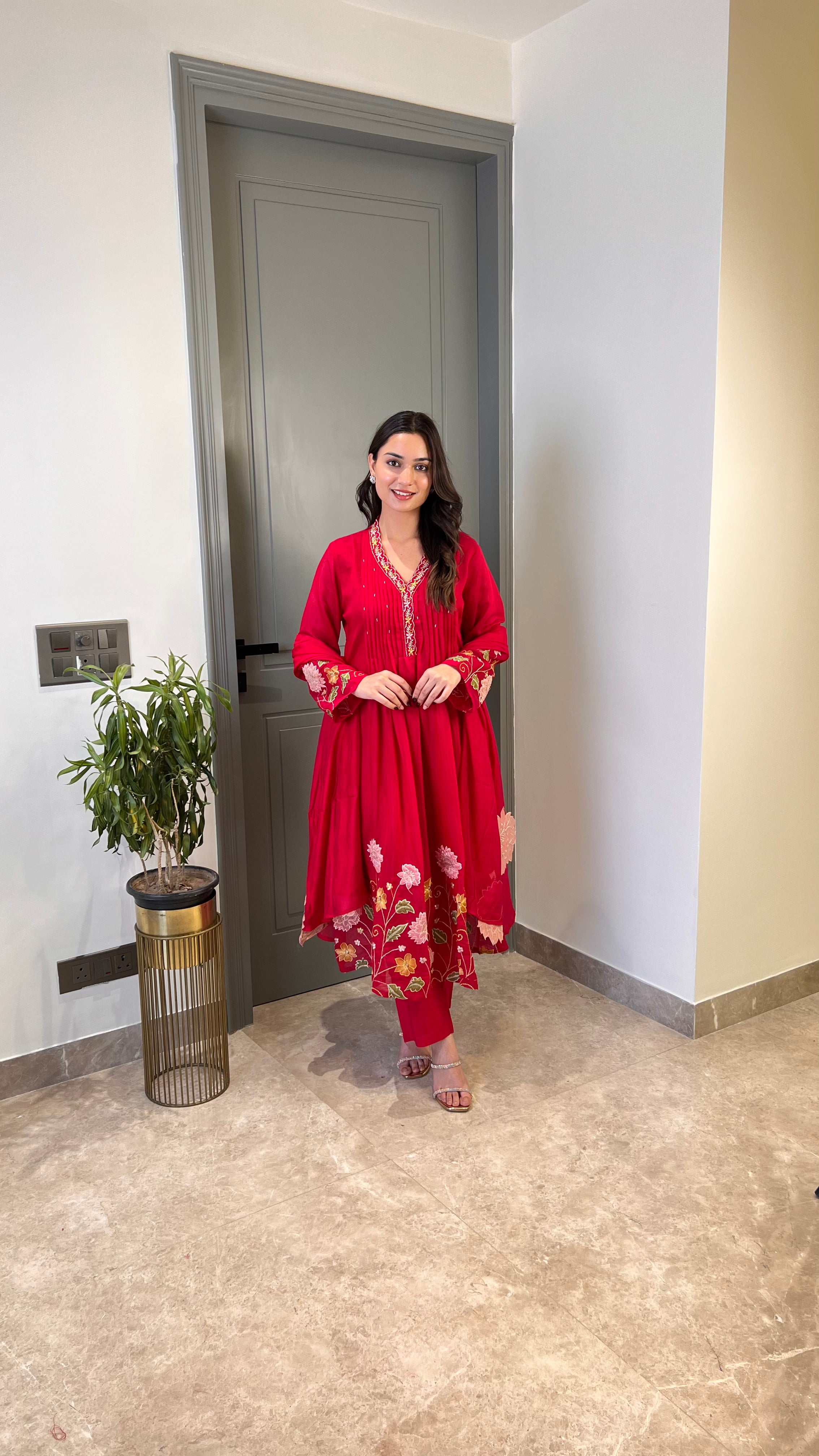 Maroon Mul Chanderi Floral Suit Set