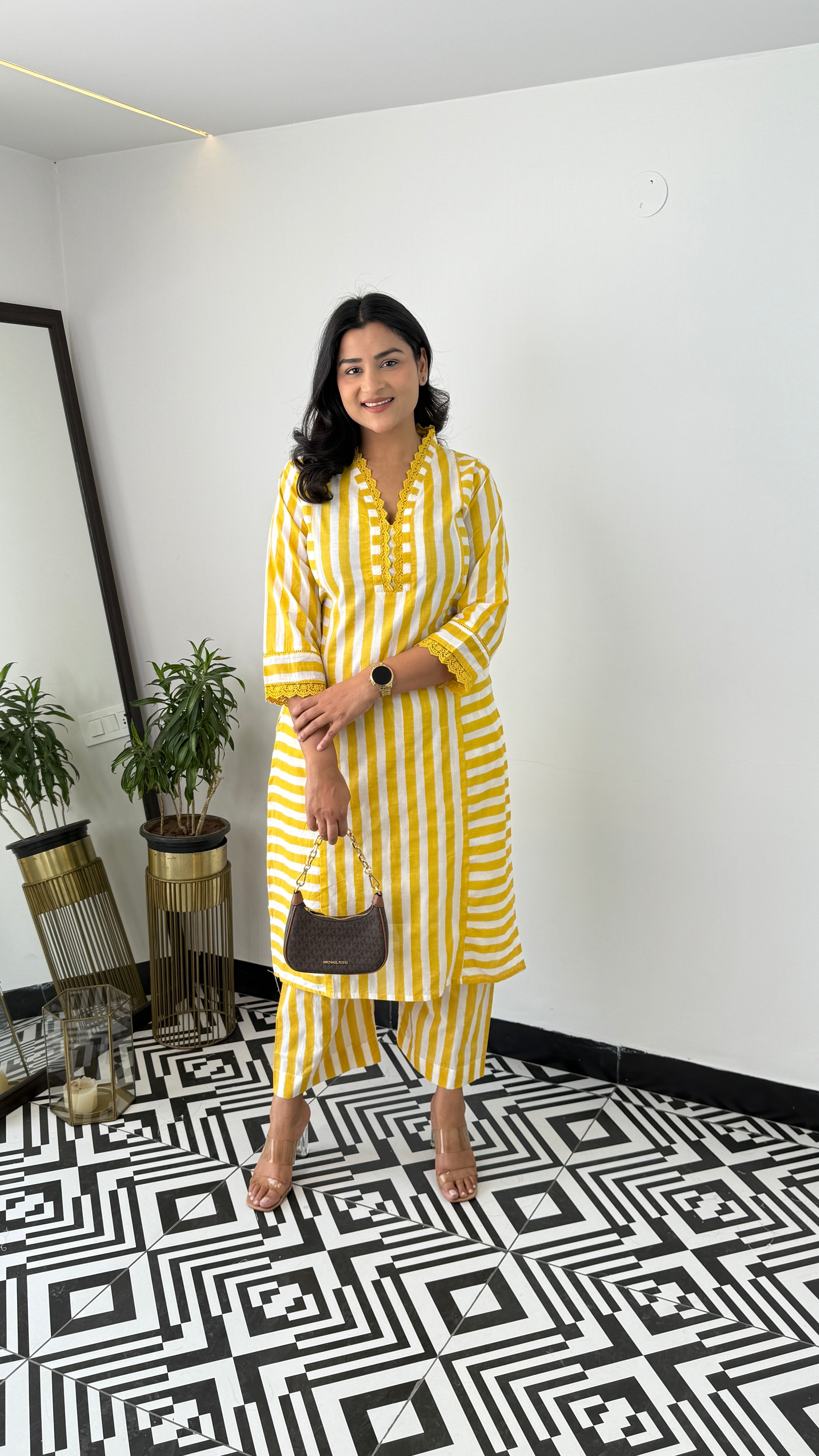Stripes Yellow V-Neck Kurta Pants
