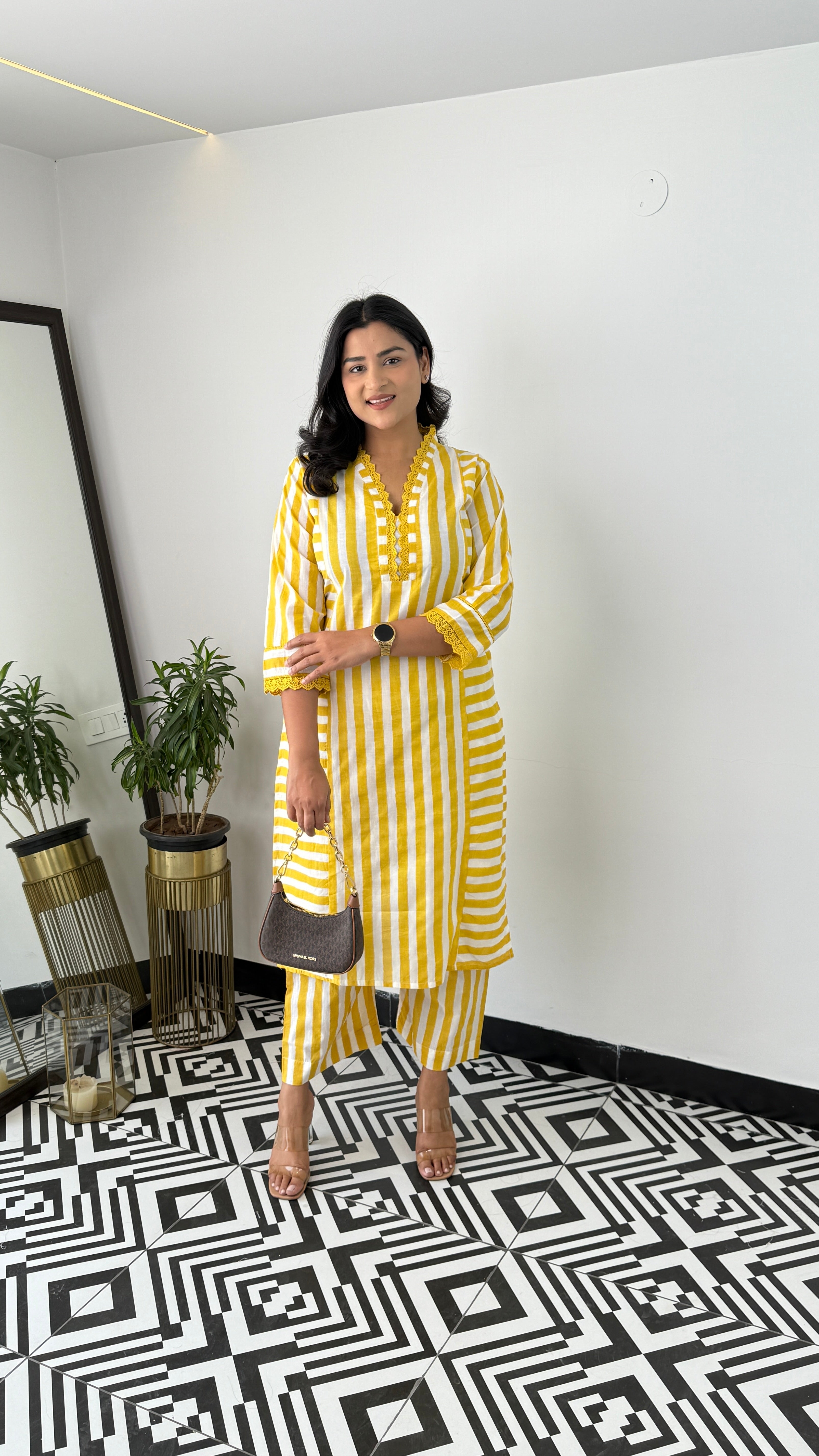 Stripes Yellow V-Neck Kurta Pants