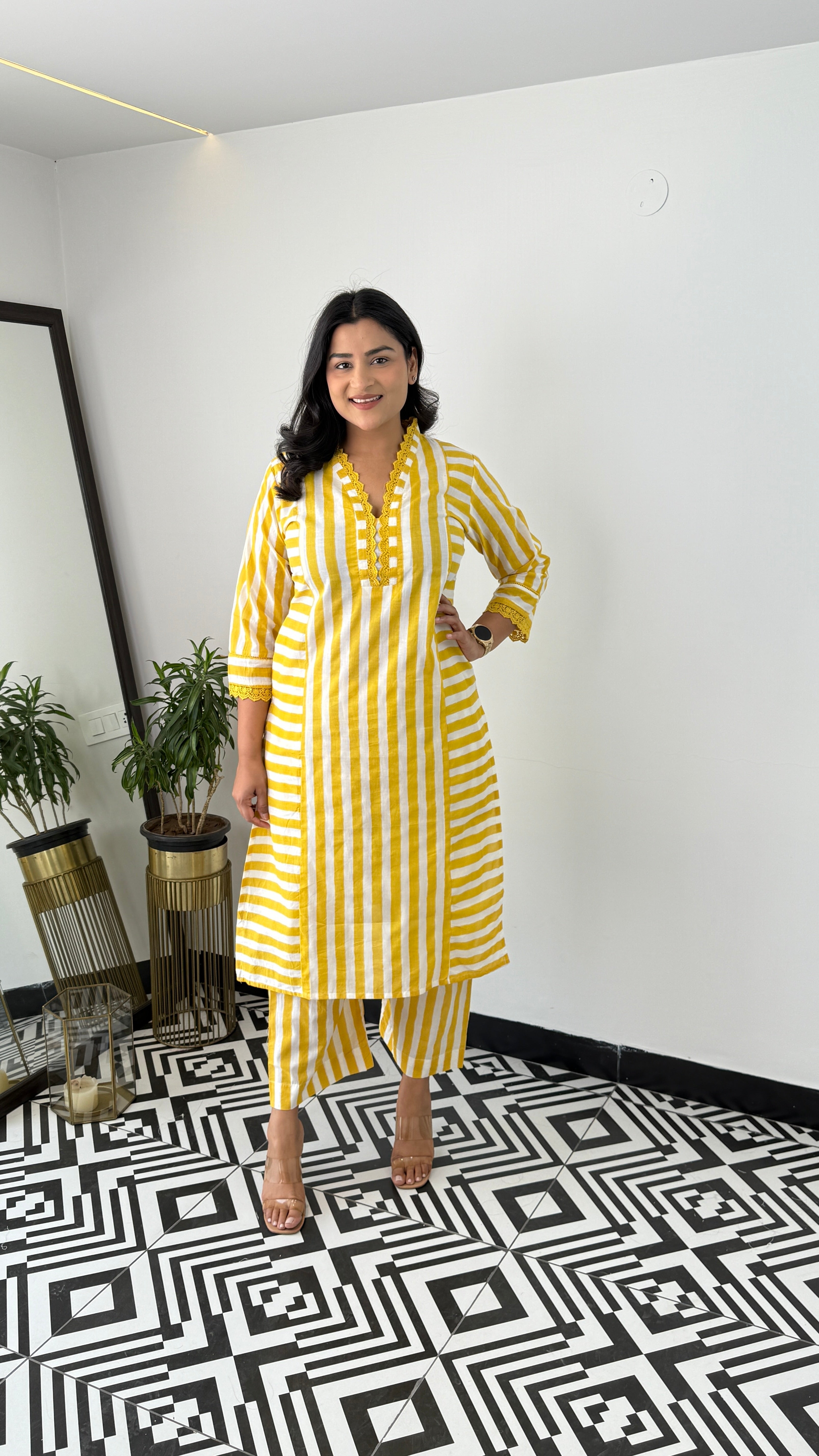Stripes Yellow V-Neck Kurta Pants