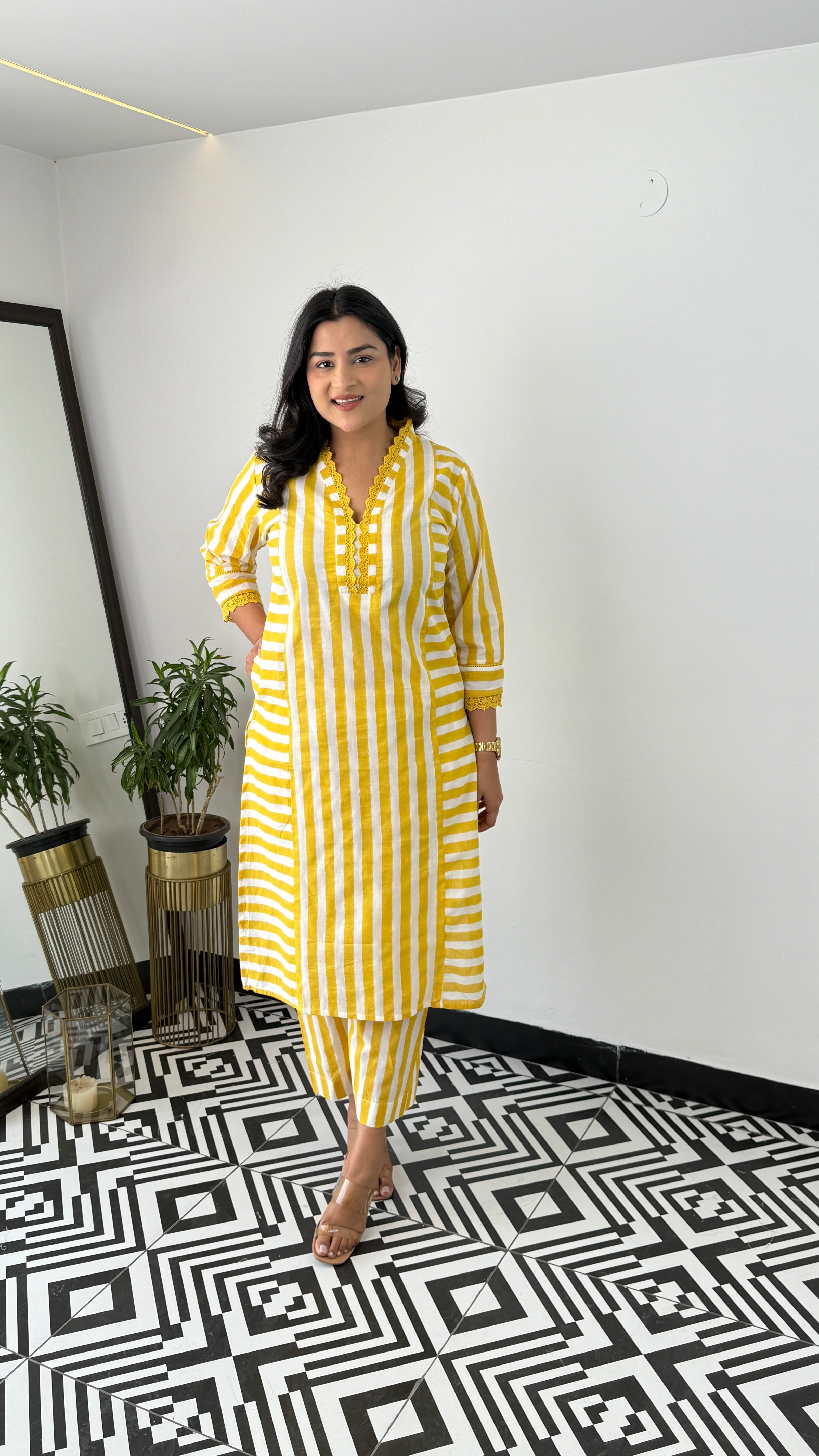 Stripes Yellow V-Neck Kurta Pants