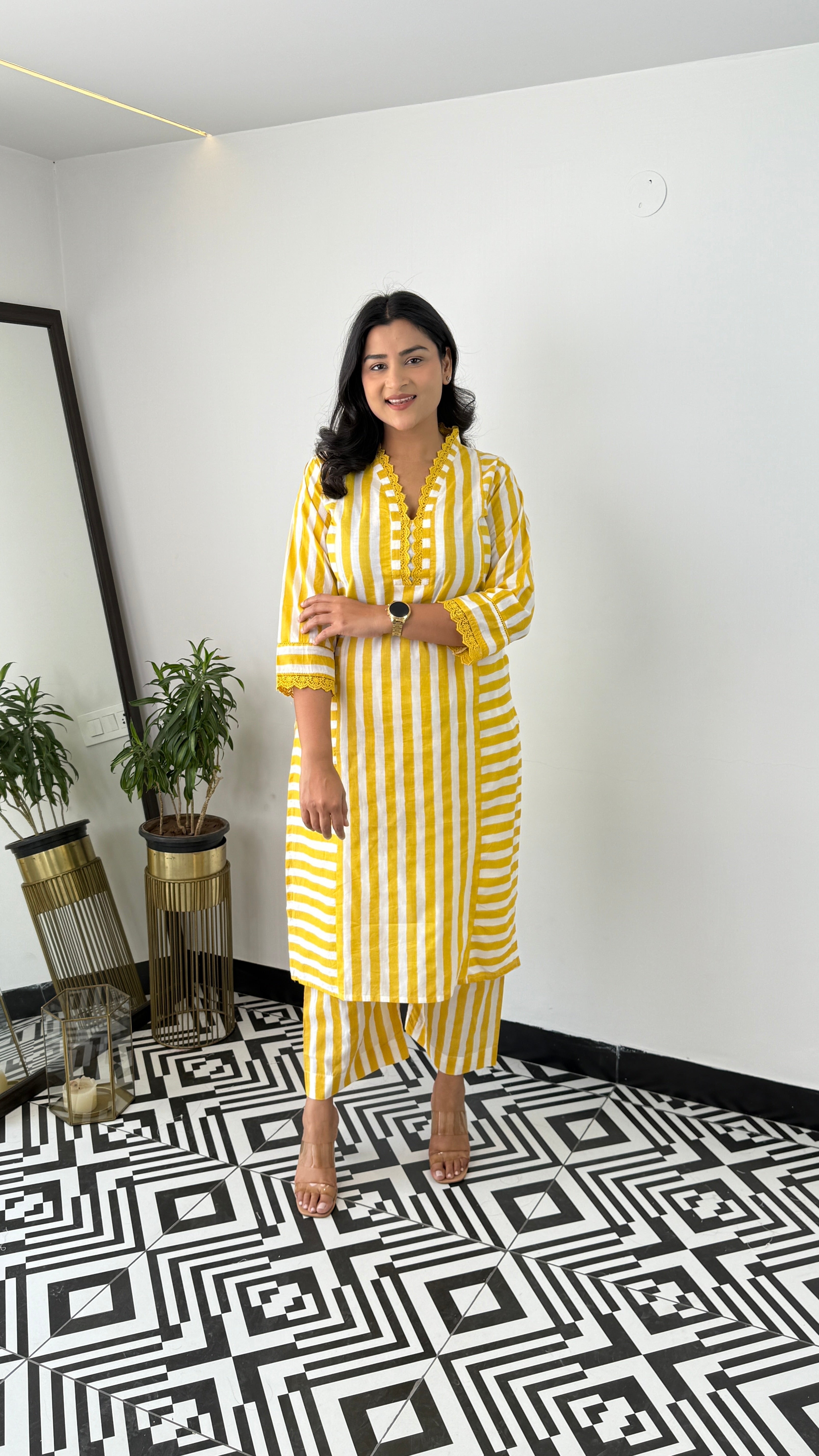 Stripes Yellow V-Neck Kurta Pants