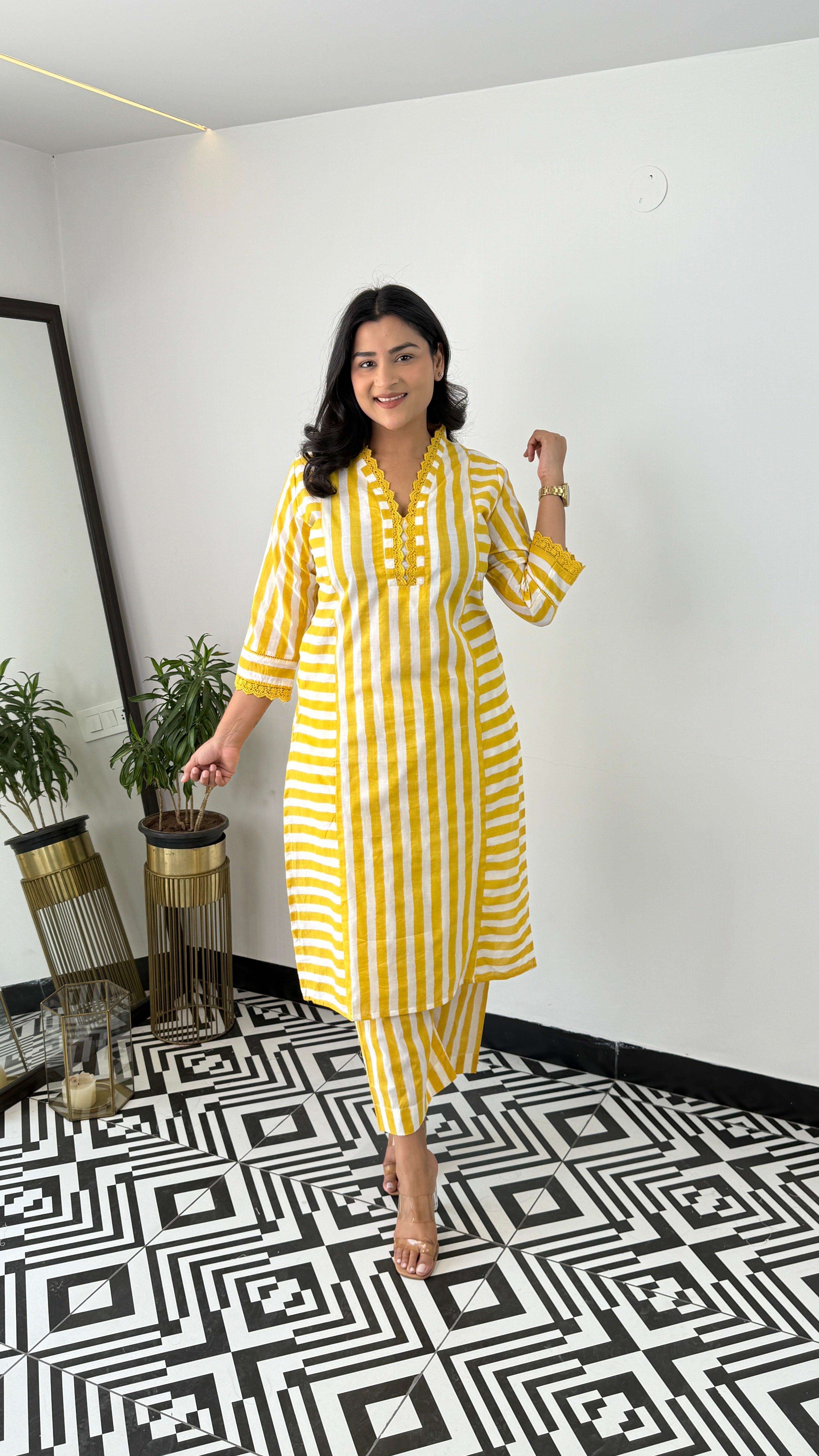 Stripes Yellow V-Neck Kurta Pants
