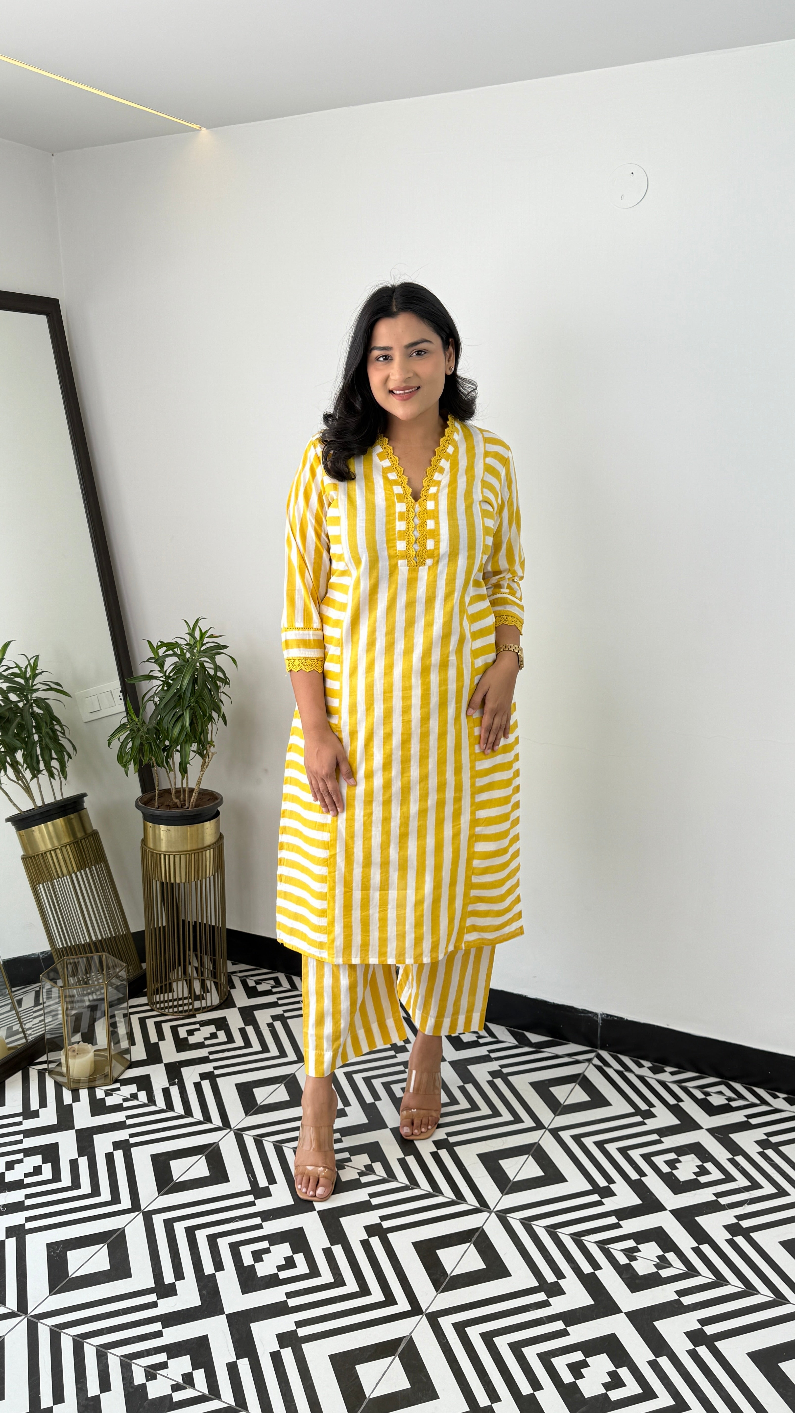 Stripes Yellow V-Neck Kurta Pants