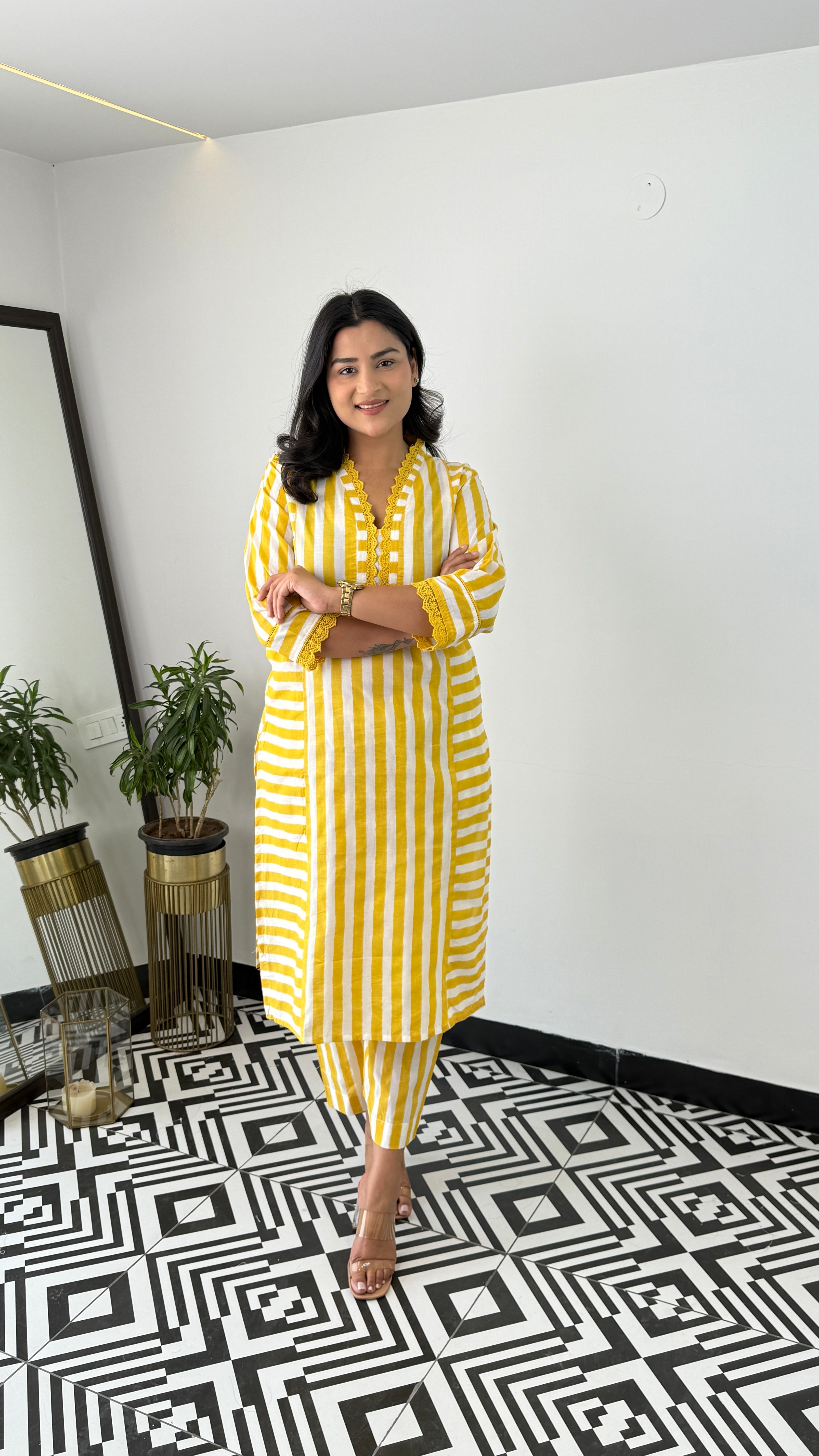 Stripes Yellow V-Neck Kurta Pants