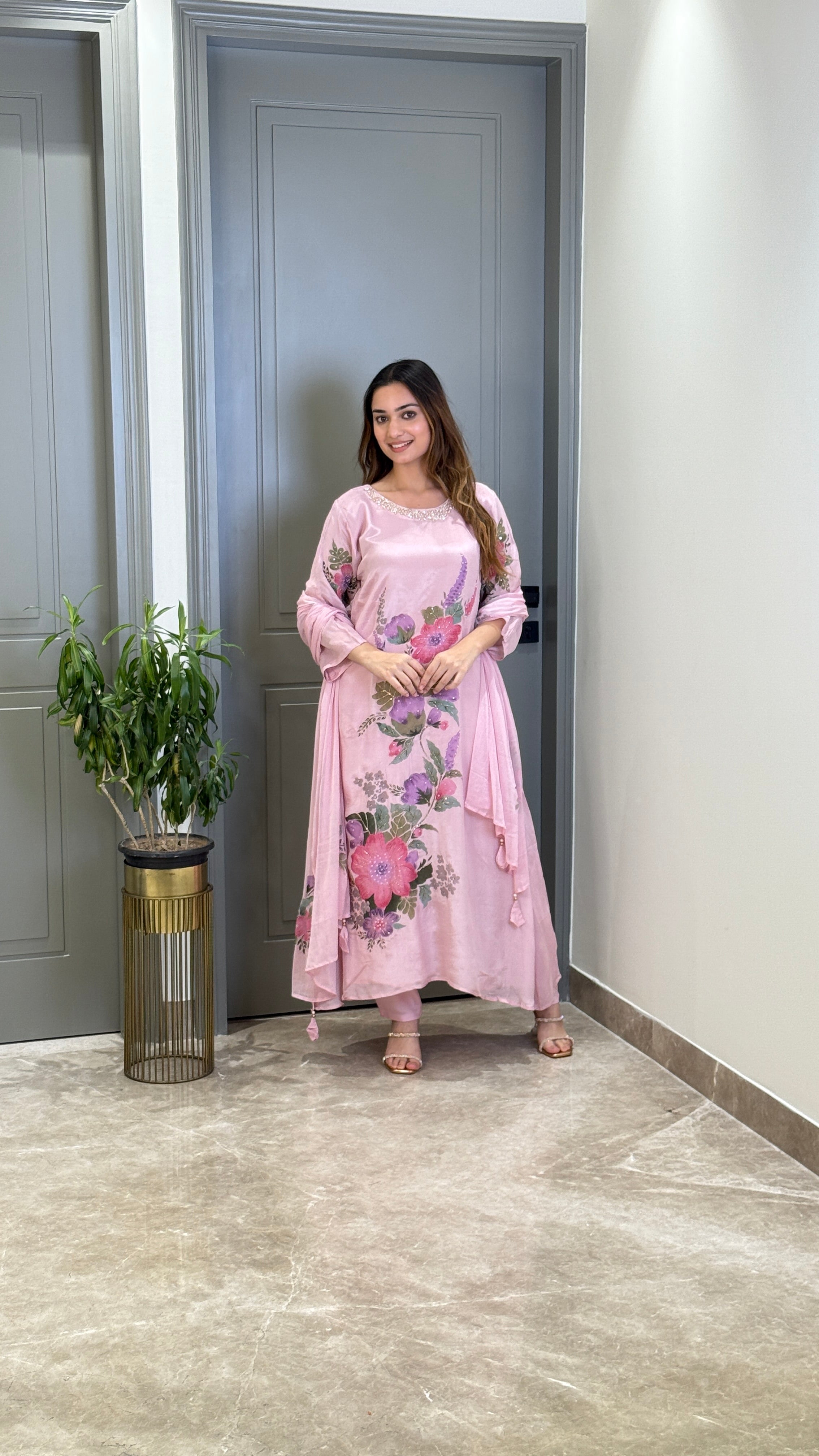 Pink Floral Crepe Suit Set