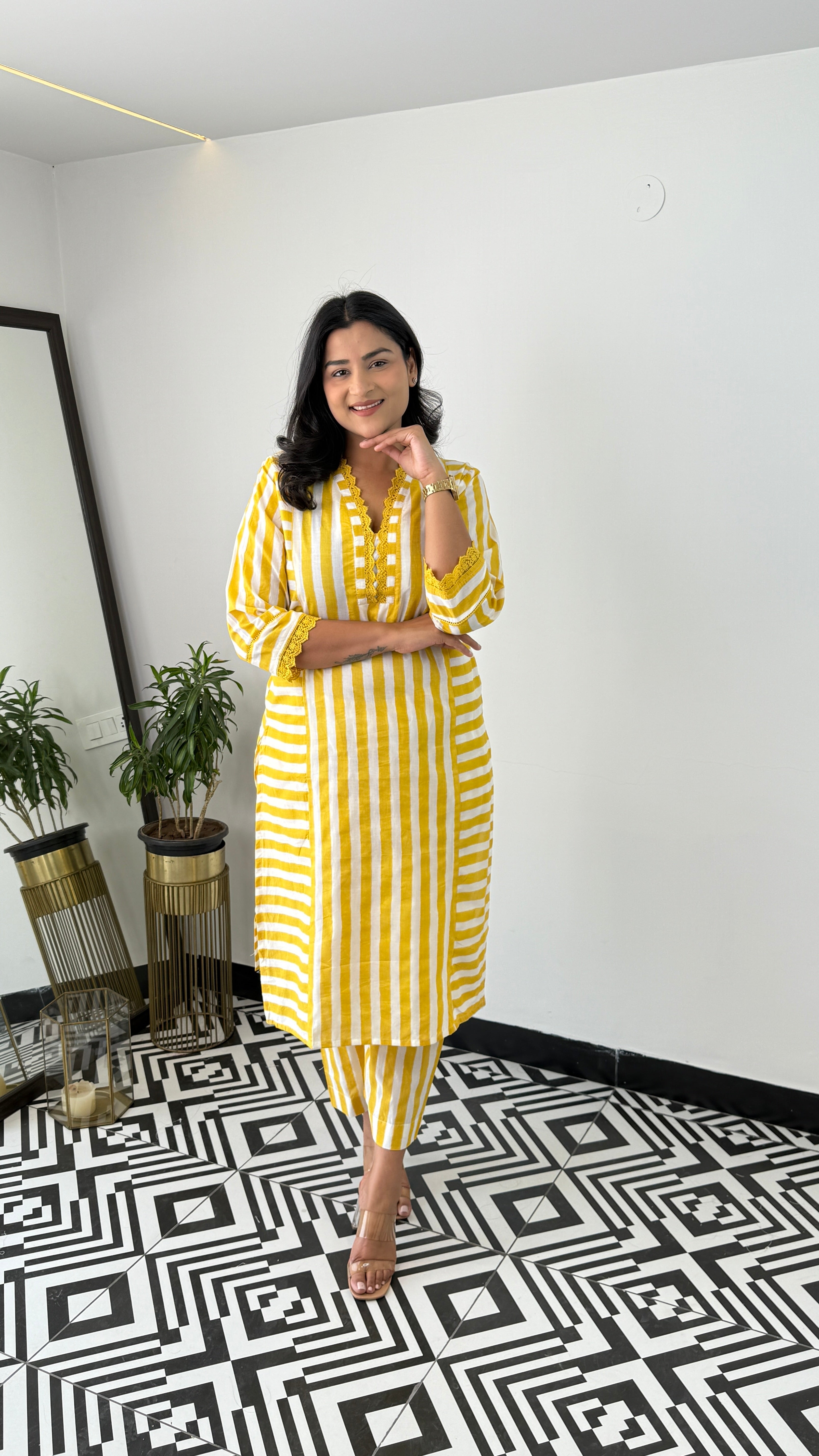 Stripes Yellow V-Neck Kurta Pants