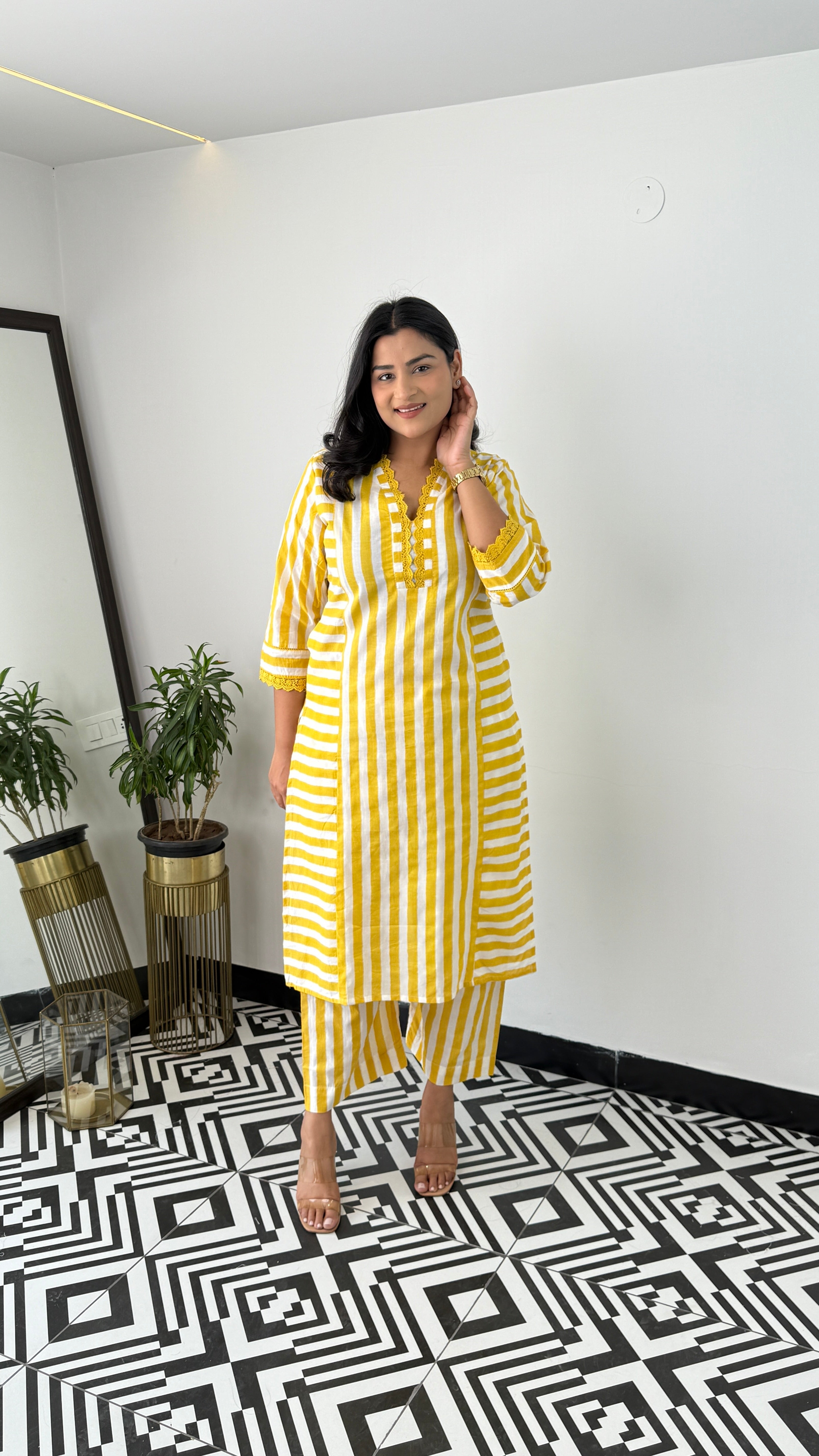 Stripes Yellow V-Neck Kurta Pants