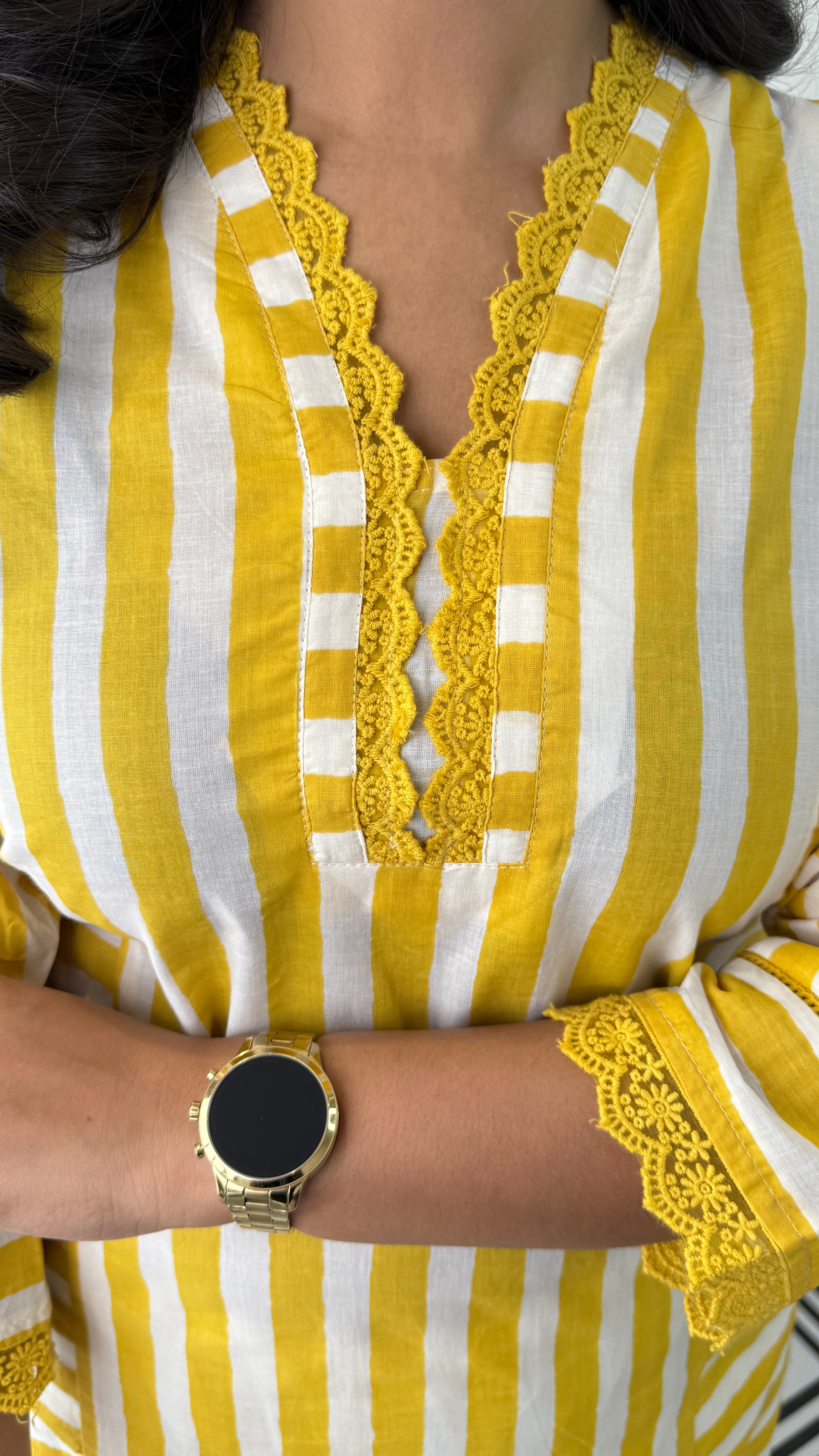 Stripes Yellow V-Neck Kurta Pants