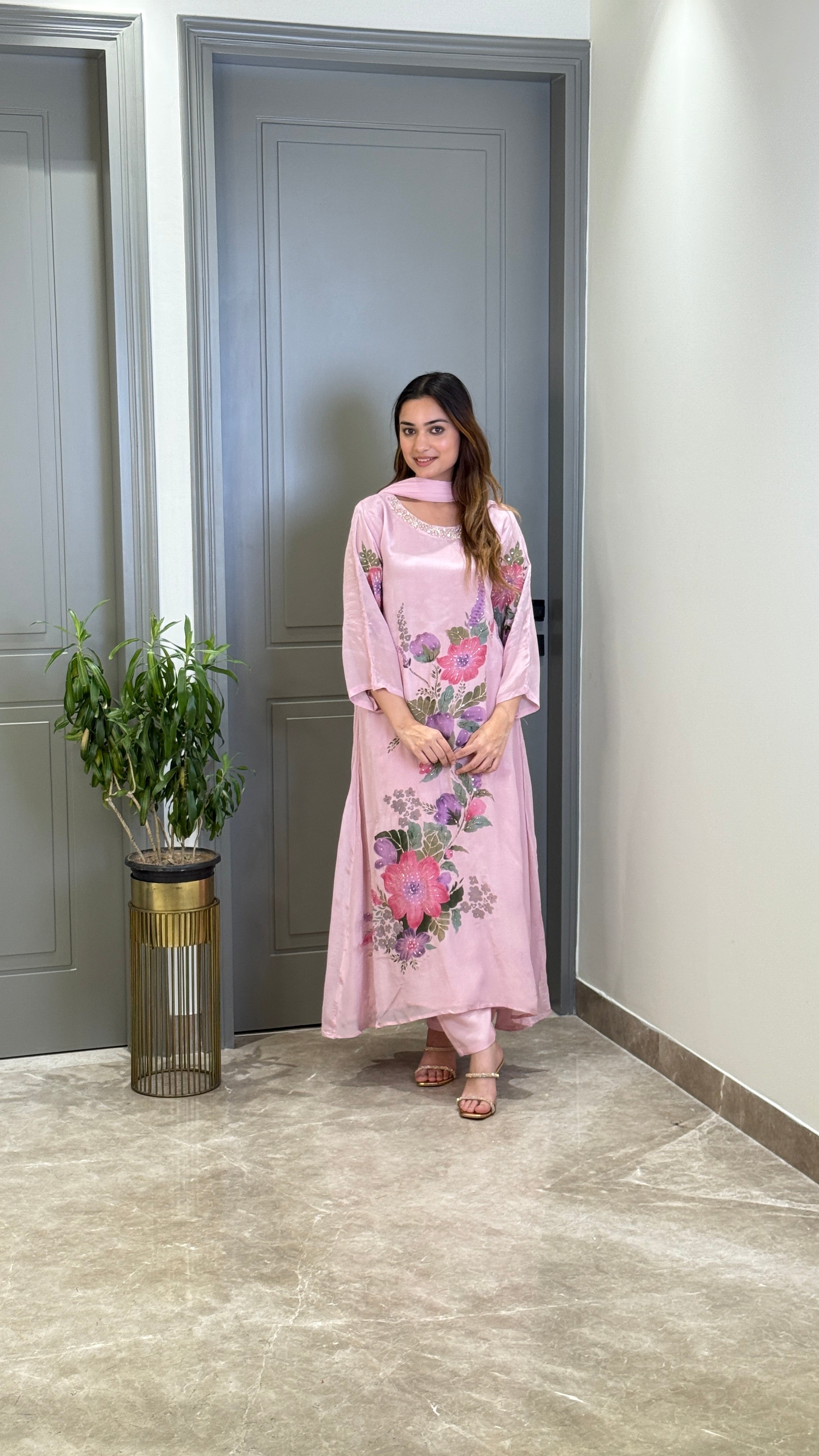 Pink Floral Crepe Suit Set