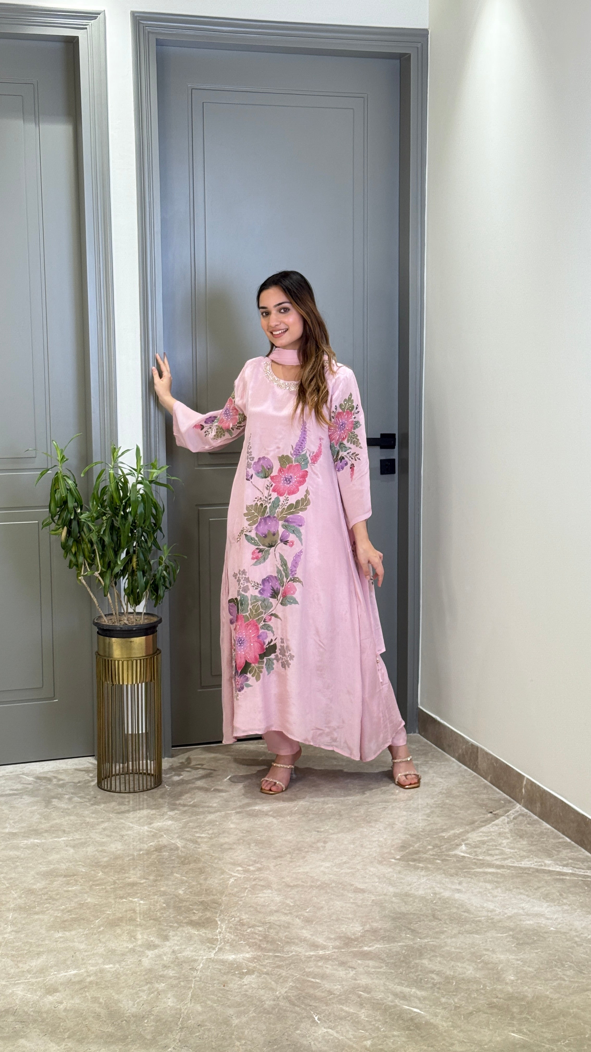 Pink Floral Crepe Suit Set