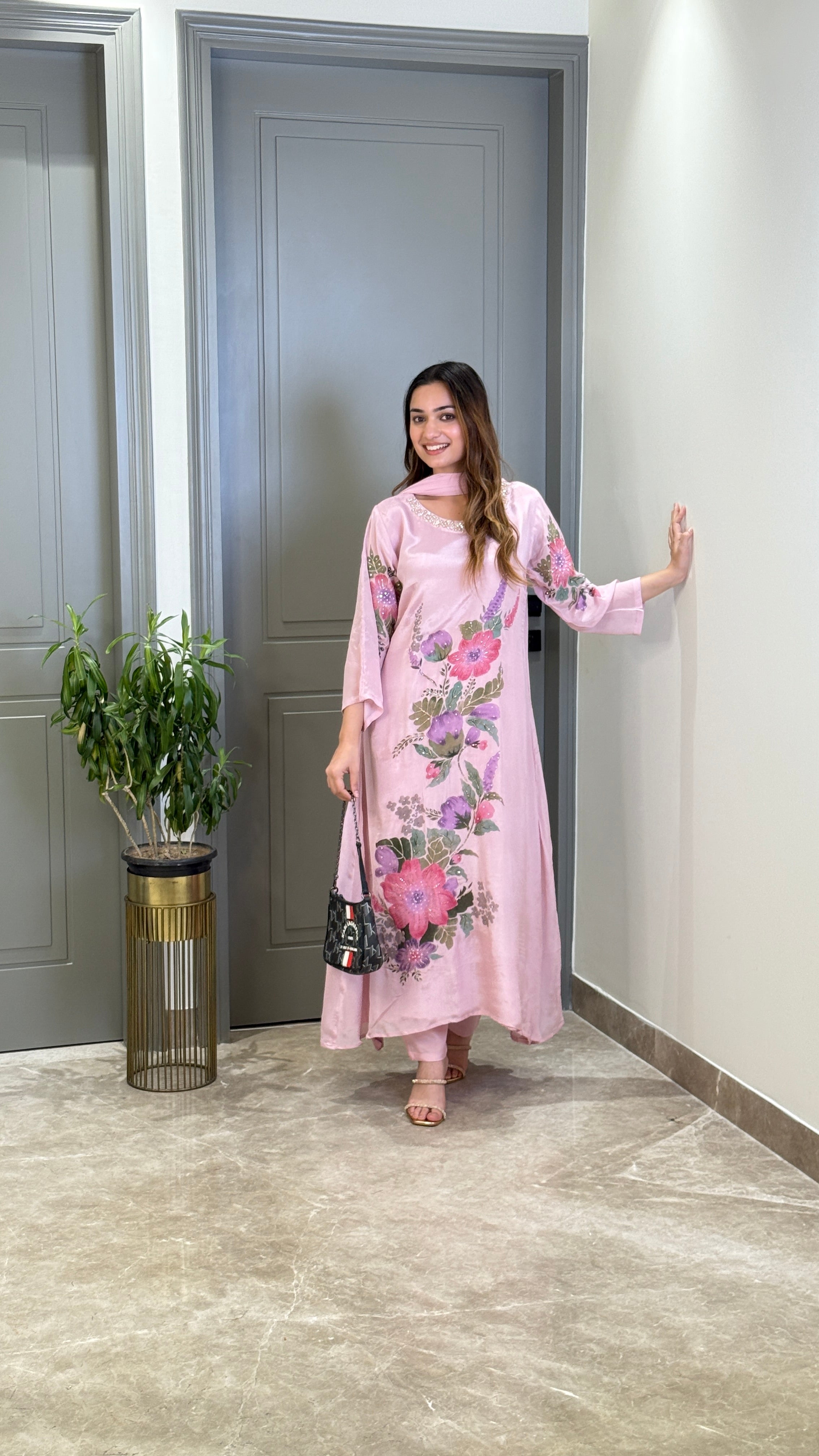 Pink Floral Crepe Suit Set