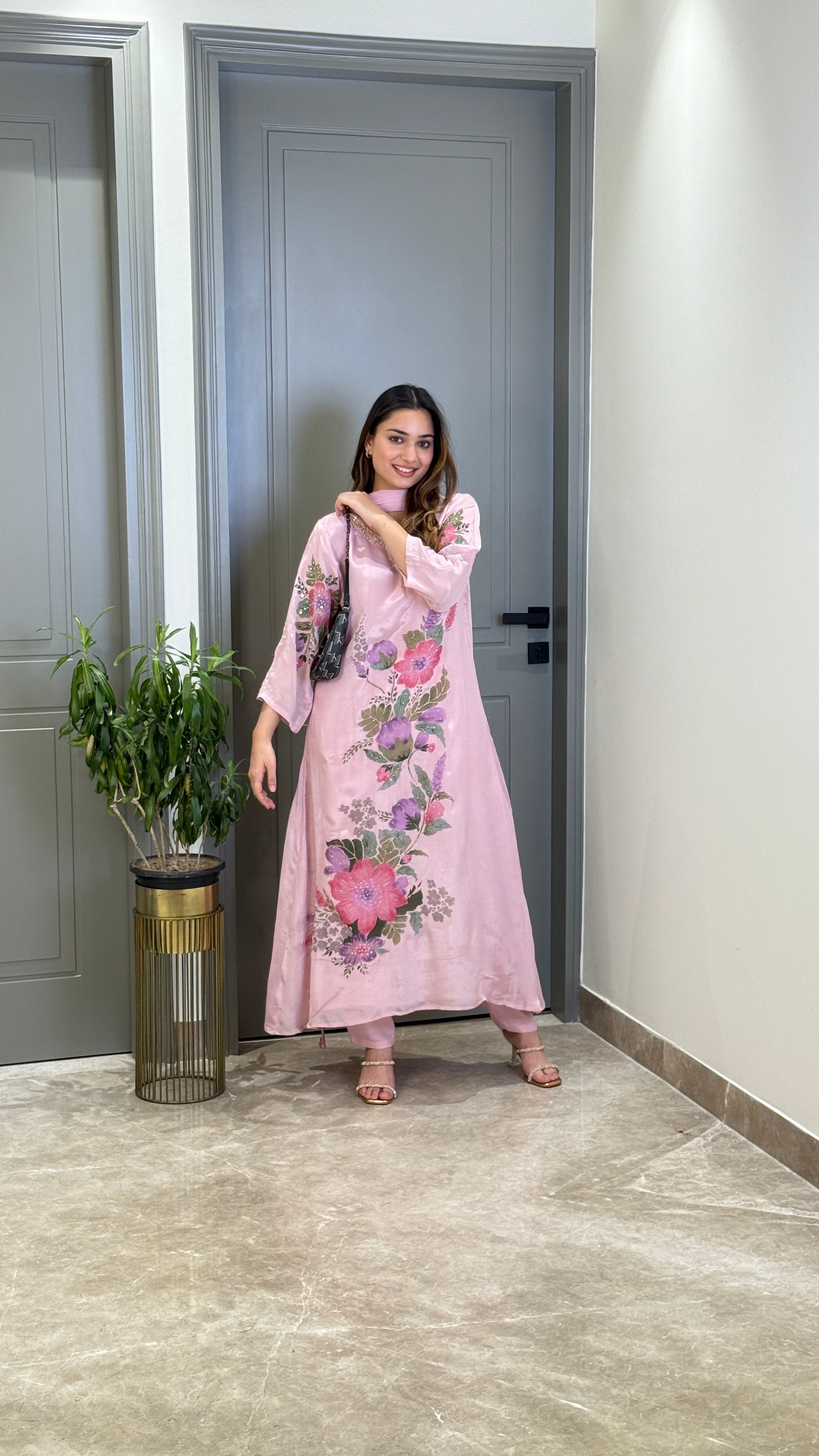 Pink Floral Crepe Suit Set